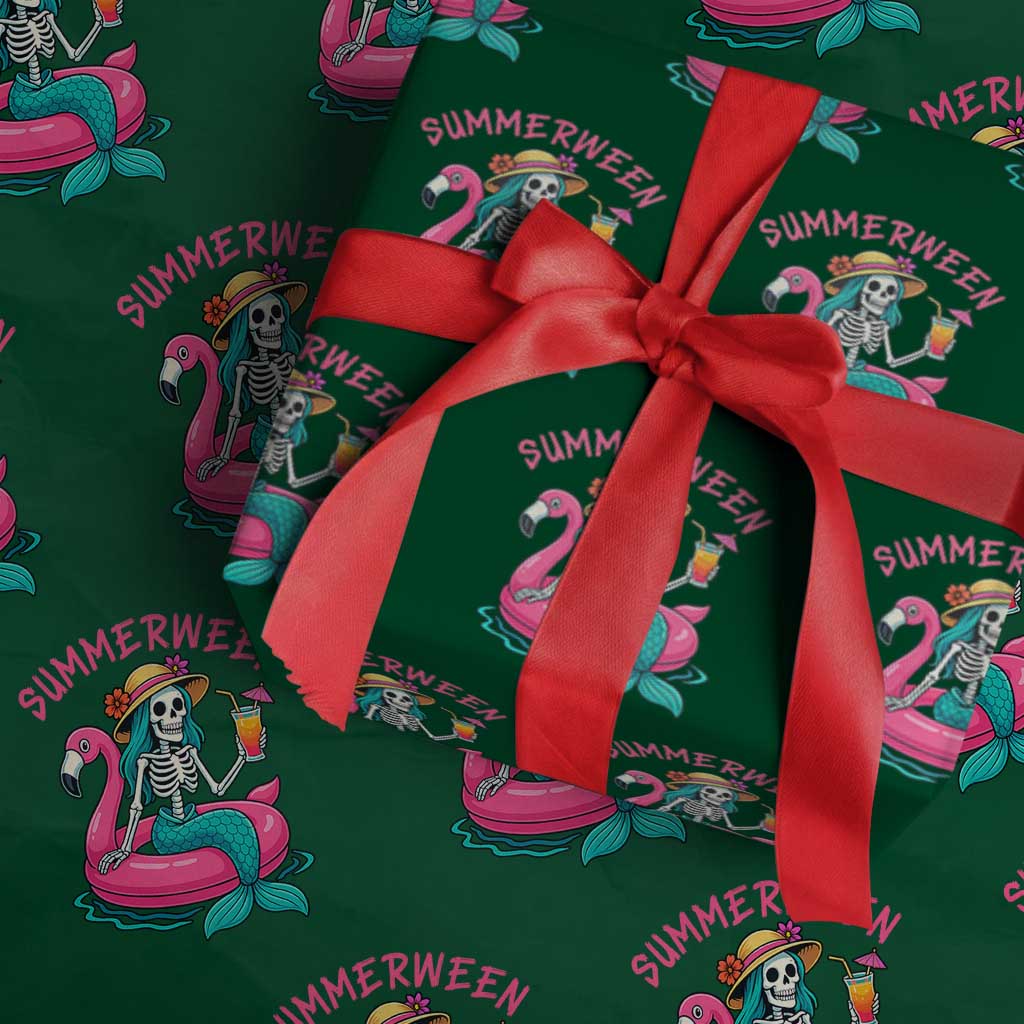 Summerween Skeleton Mermaid Wrapping Paper Roll Flamingo Float Funny Spooky Summer Halloween Vibes - Wonder Print Shop