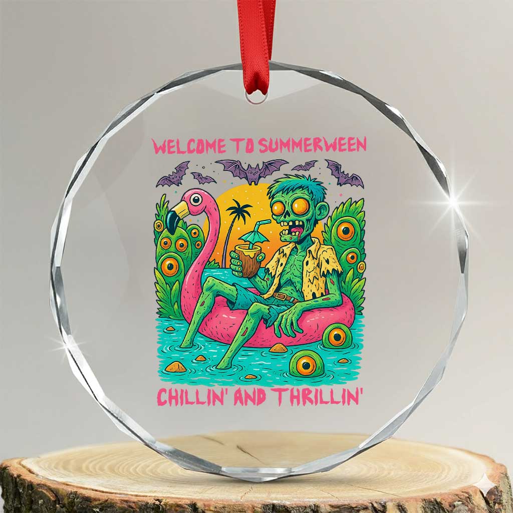 Summerween Zombie Pool Party Crystal Glass Ornament Chillin and Thrillin Flamingo Float Summer Halloween