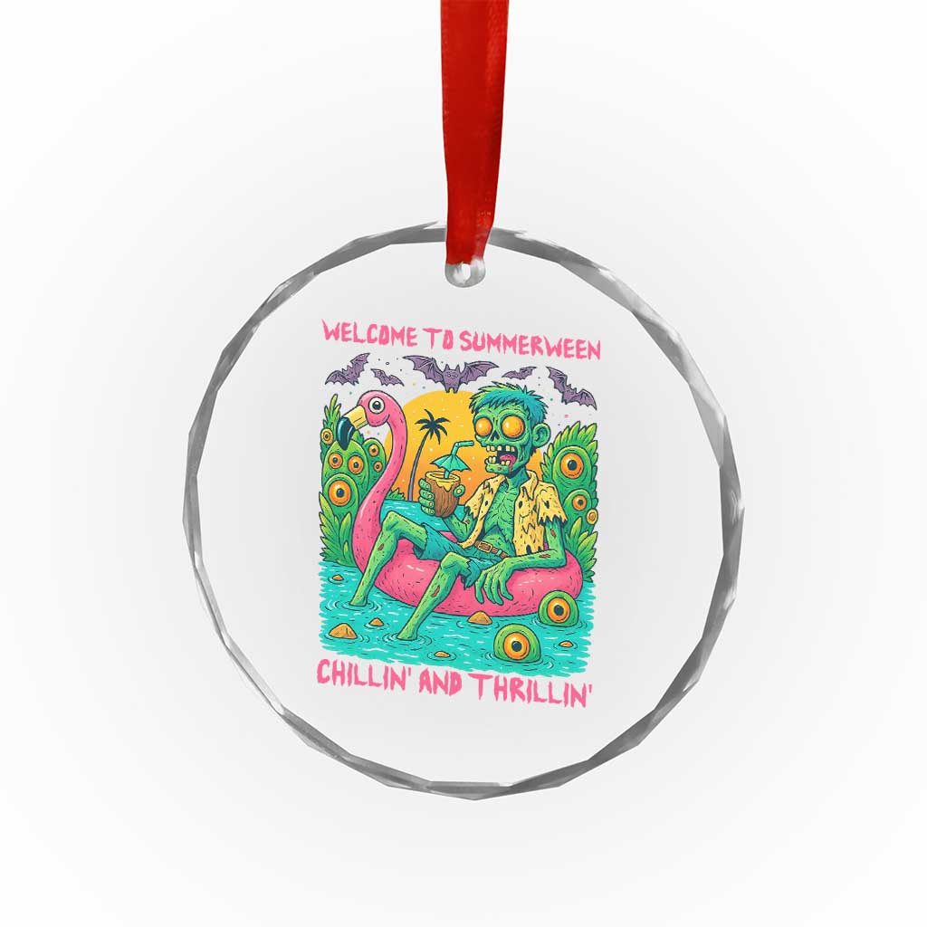 Summerween Zombie Pool Party Crystal Glass Ornament Chillin and Thrillin Flamingo Float Summer Halloween