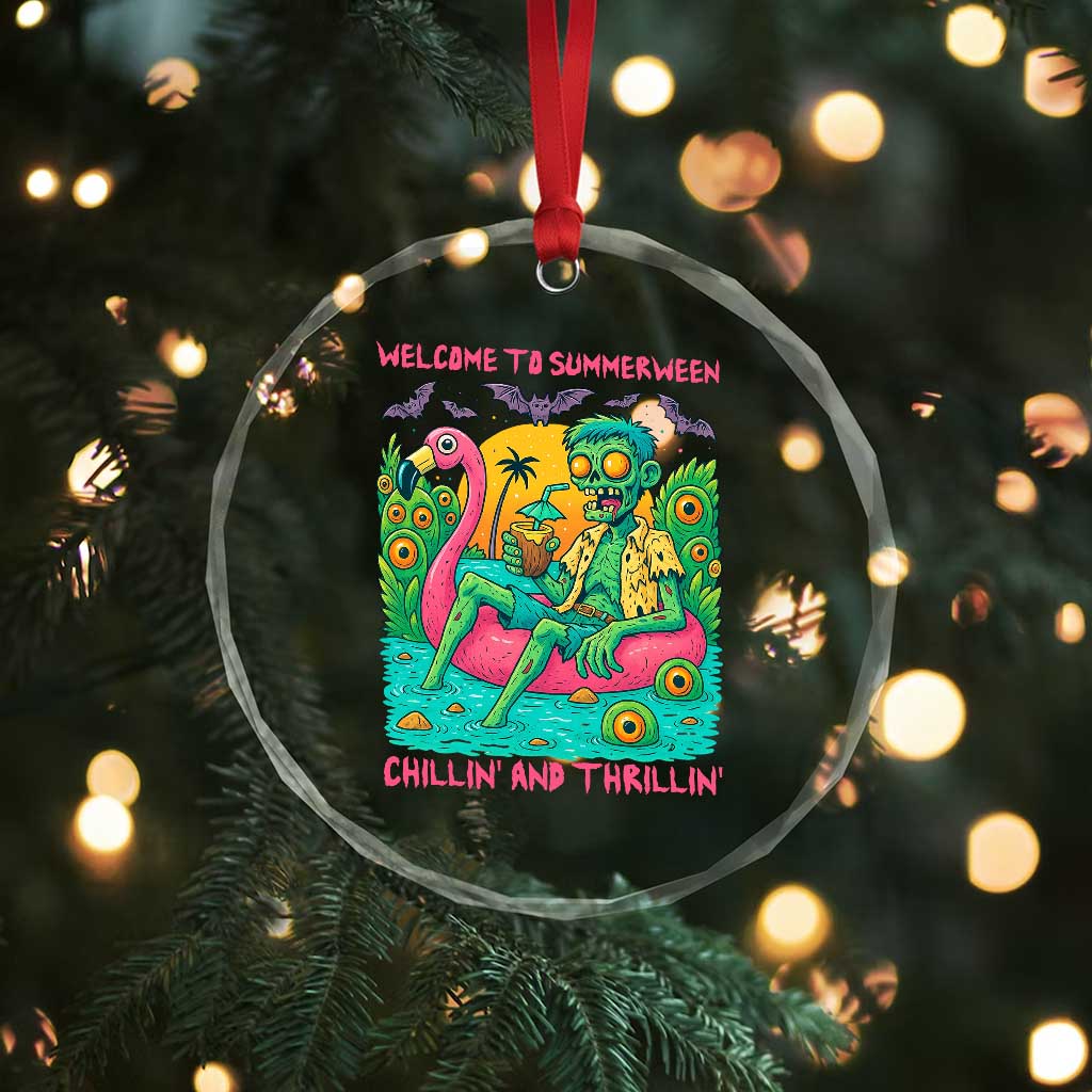 Summerween Zombie Pool Party Crystal Glass Ornament Chillin and Thrillin Flamingo Float Summer Halloween
