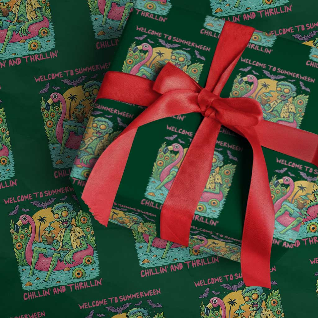 Summerween Zombie Pool Party Wrapping Paper Roll Chillin and Thrillin Flamingo Float Summer Halloween