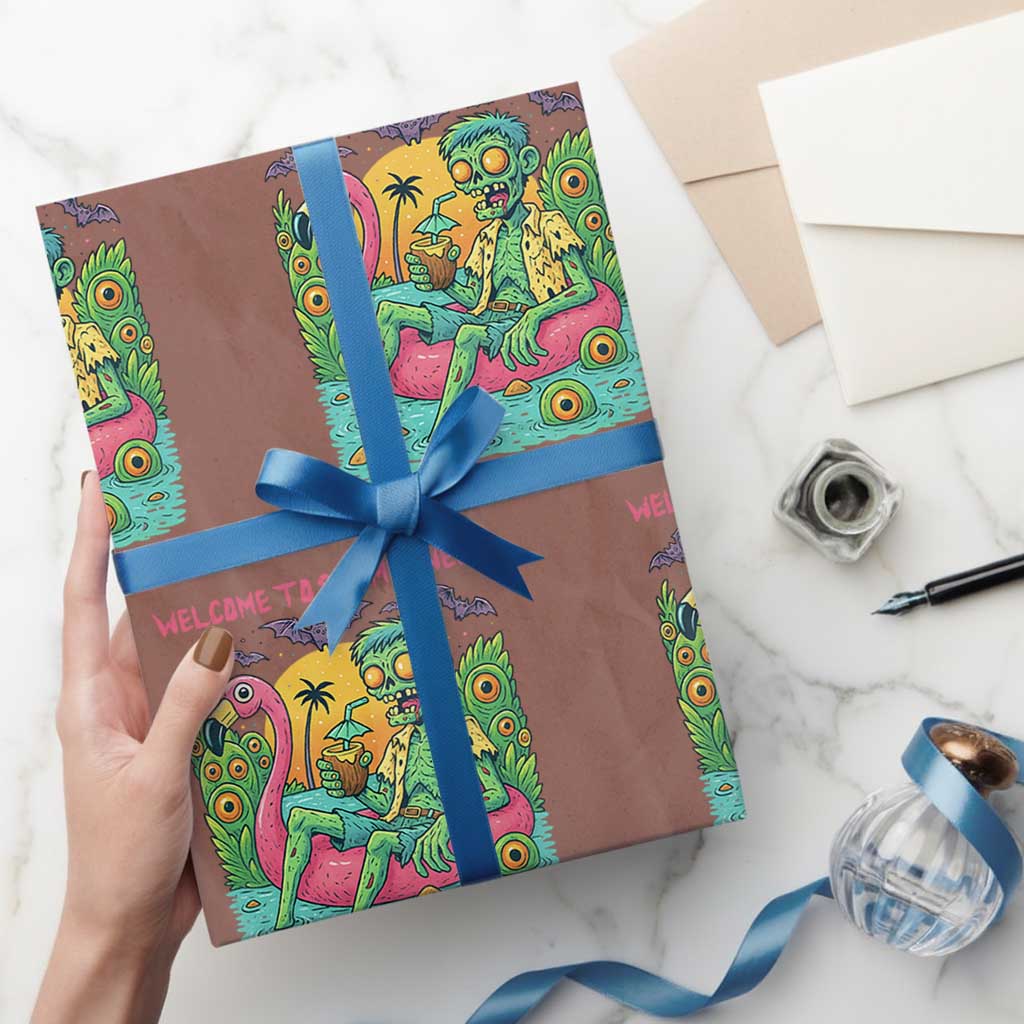 Summerween Zombie Pool Party Wrapping Paper Roll Chillin and Thrillin Flamingo Float Summer Halloween