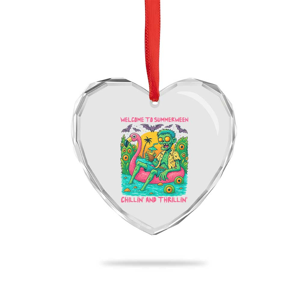 Summerween Zombie Pool Party Heart Crystal Glass Ornament Chillin and Thrillin Flamingo Float Summer Halloween