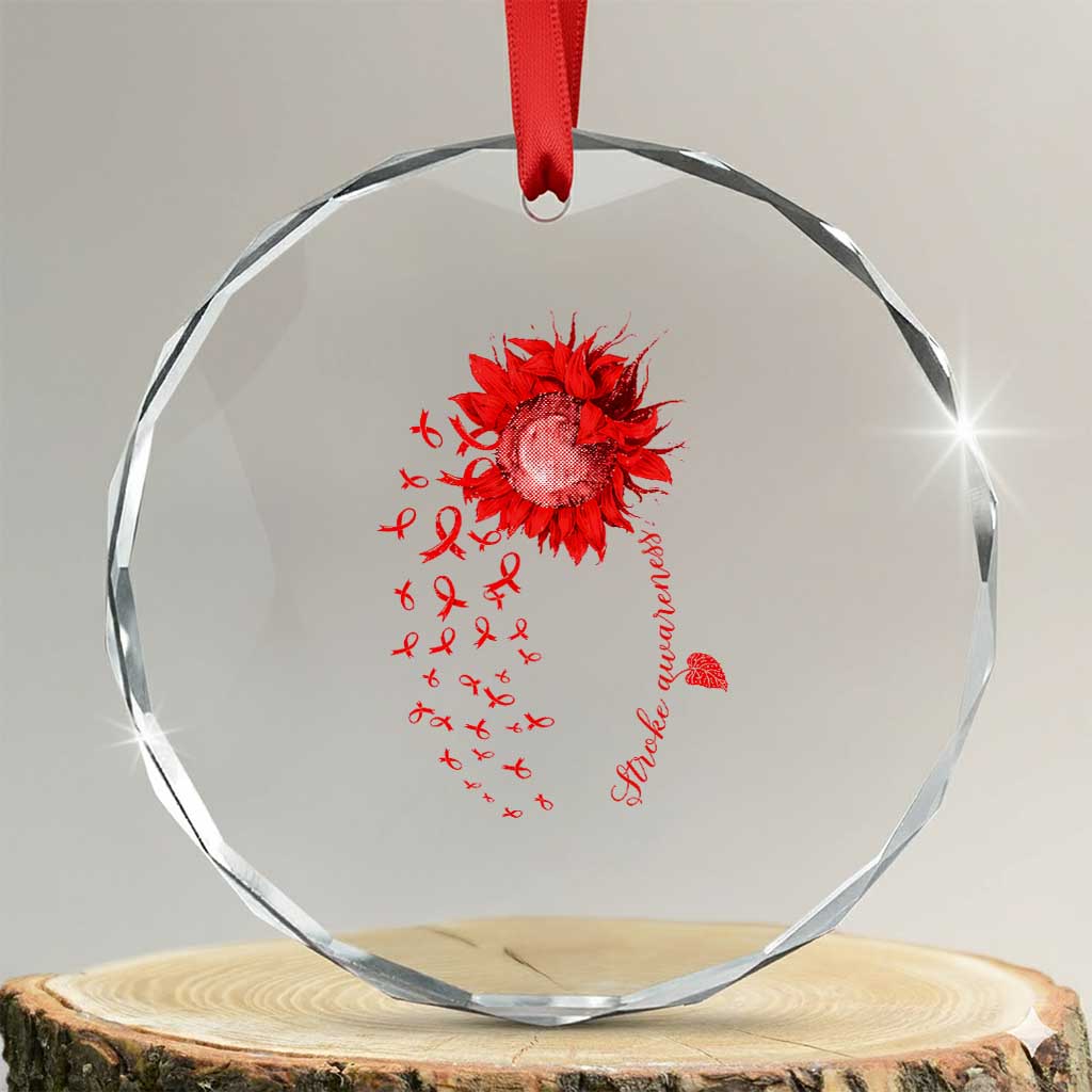Sunflower Stroke Awareness Red Ribbon Crystal Glass Ornament