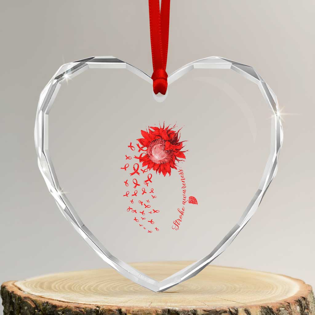 Sunflower Stroke Awareness Red Ribbon Heart Crystal Glass Ornament