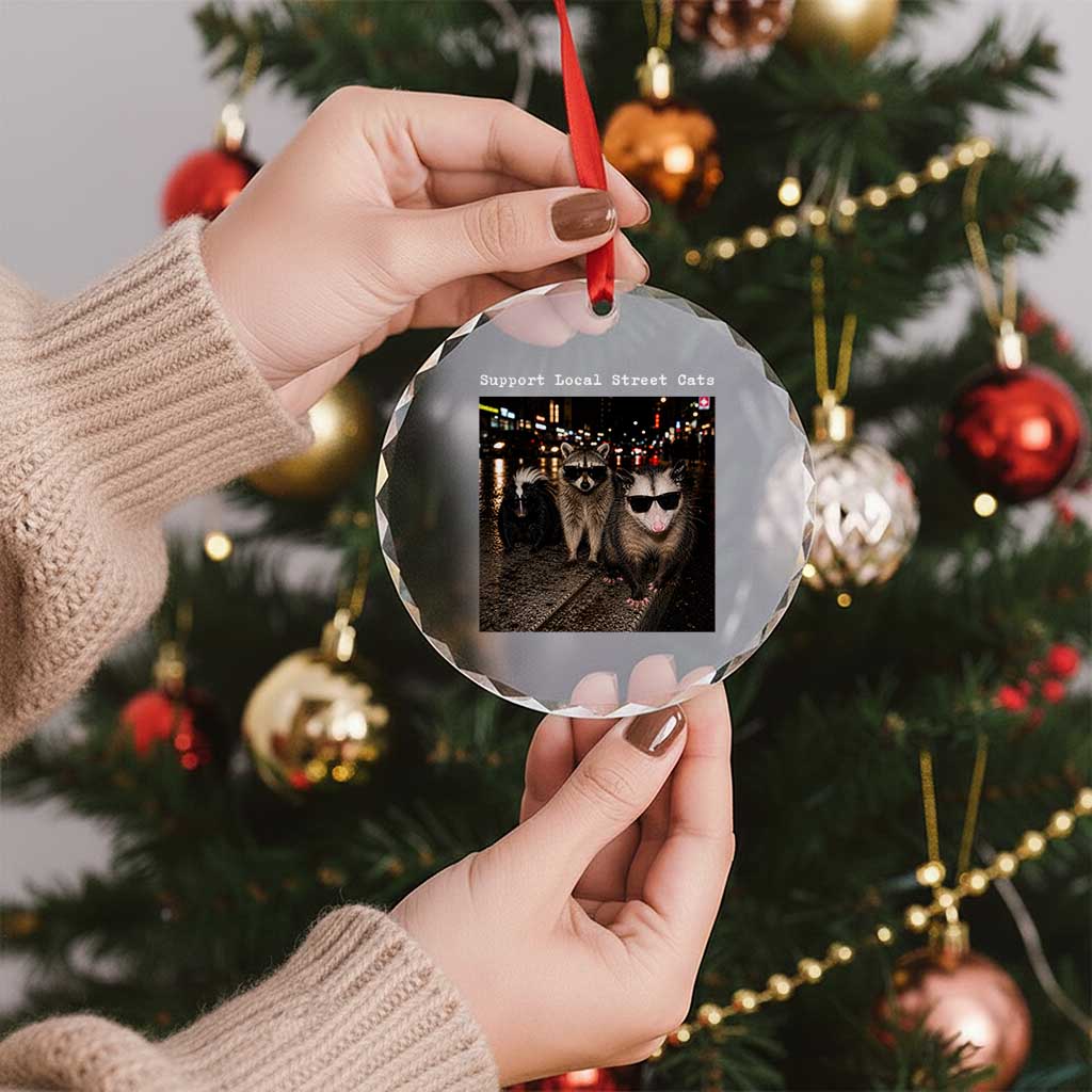 Support Local Street Cats Crystal Glass Ornament Funny Raccoon Skunk Possum Animal Meme