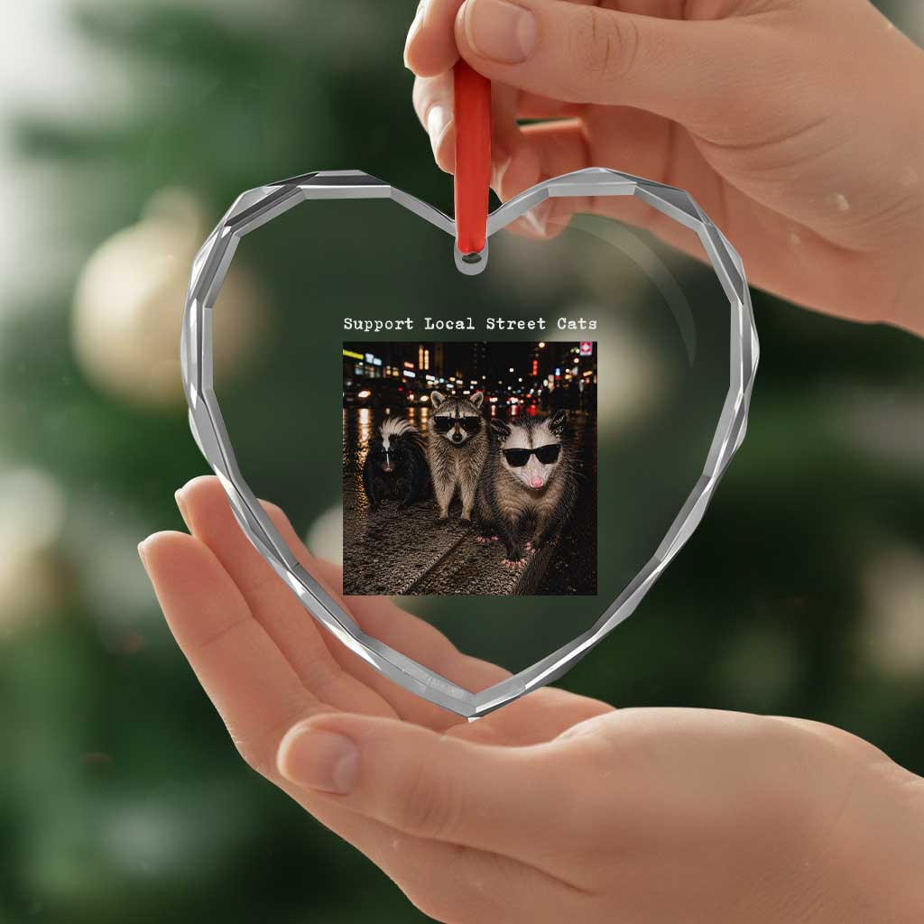 Support Local Street Cats Heart Crystal Glass Ornament Funny Raccoon Skunk Possum Animal Meme