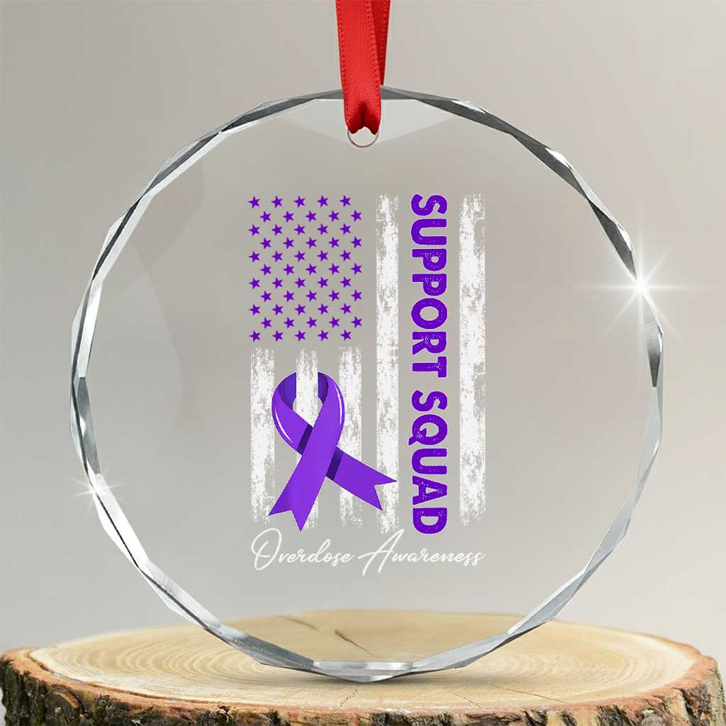 Support Squad Overdose Awareness Crystal Glass Ornament Purple Ribbon American Flag Graphic