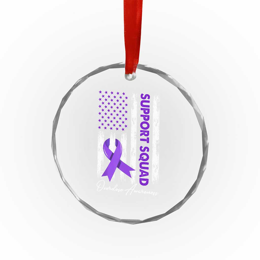 Support Squad Overdose Awareness Crystal Glass Ornament Purple Ribbon American Flag Graphic