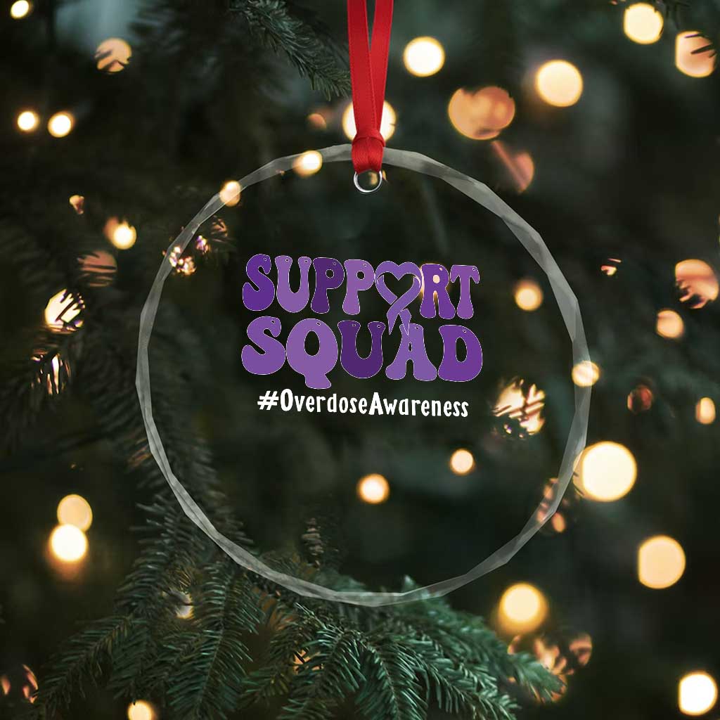 Support Squad Overdose Awareness Crystal Glass Ornament Purple Ribbon Groovy Typography Graphic