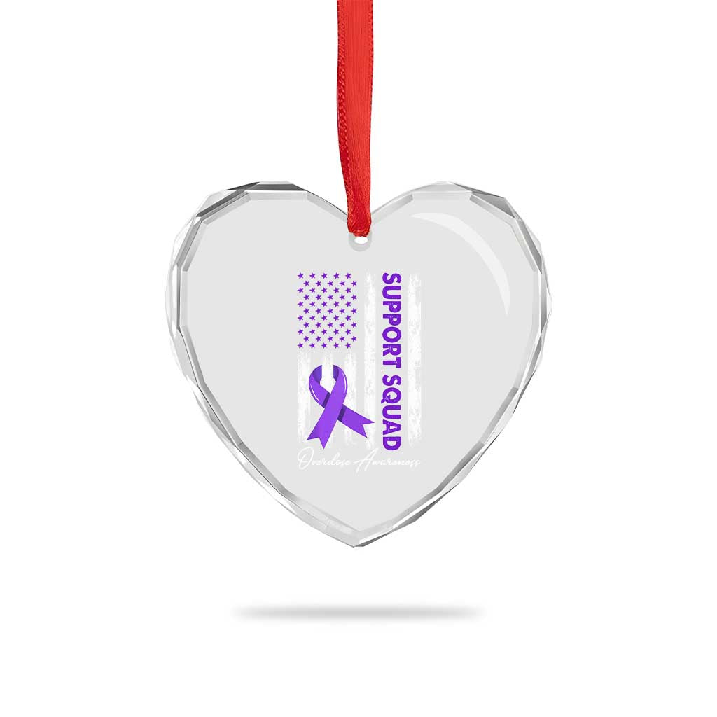 Support Squad Overdose Awareness Heart Crystal Glass Ornament Purple Ribbon American Flag Graphic