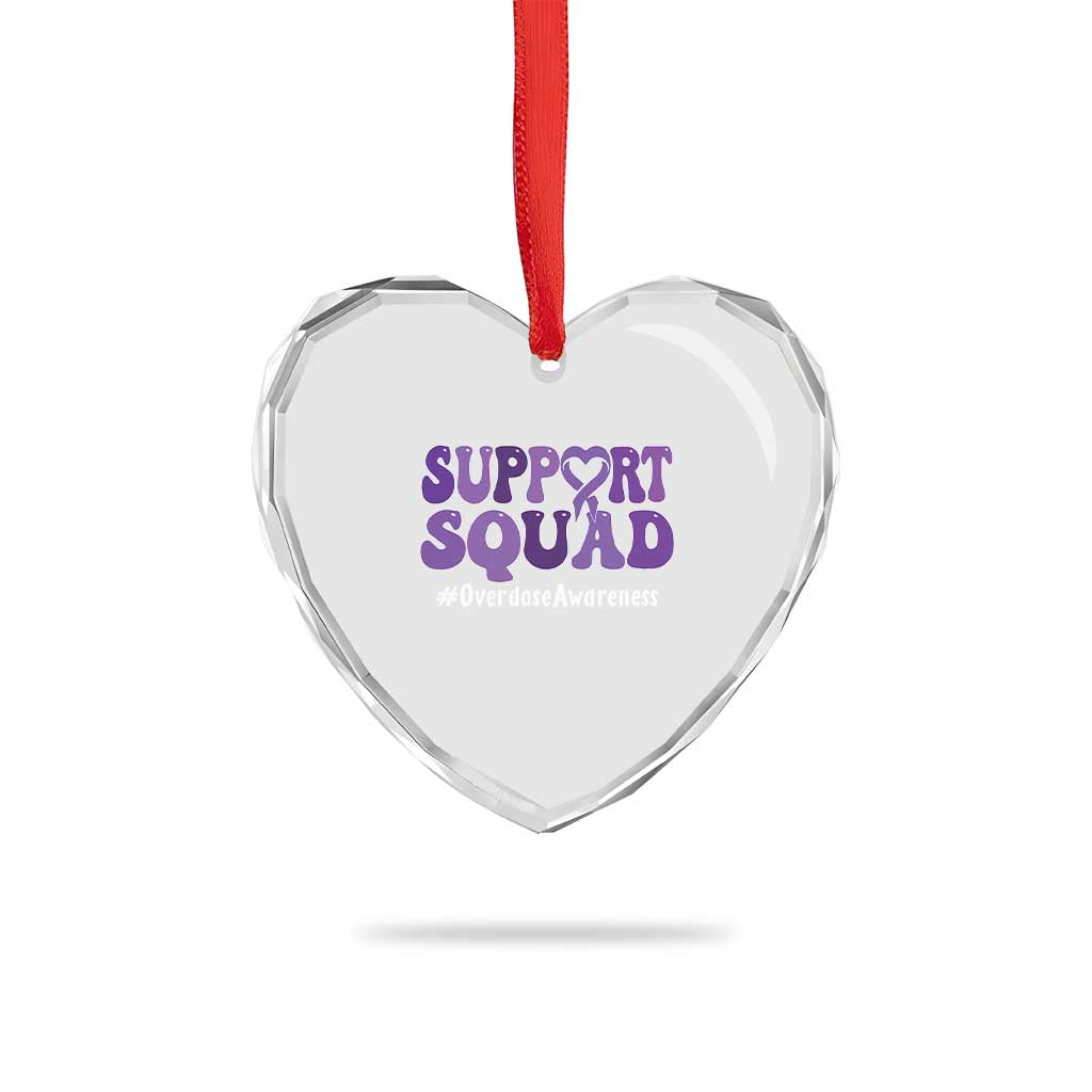 Support Squad Overdose Awareness Heart Crystal Glass Ornament Purple Ribbon Groovy Typography Graphic