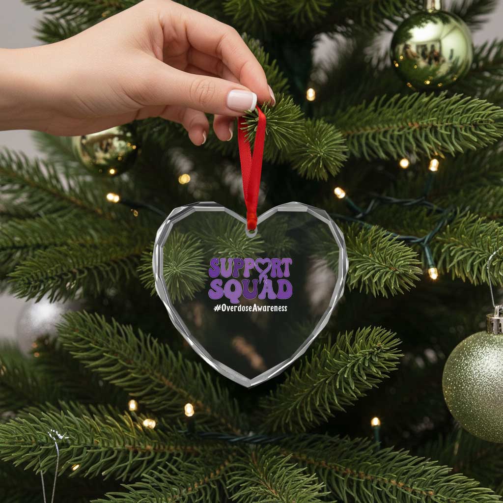 Support Squad Overdose Awareness Heart Crystal Glass Ornament Purple Ribbon Groovy Typography Graphic