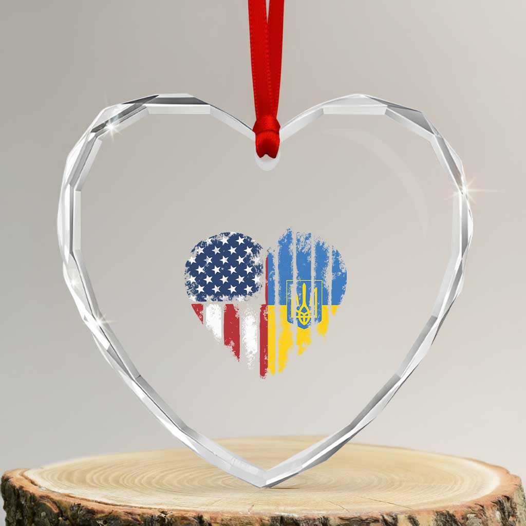 Support Ukraine Heart Crystal Glass Ornament Stand With Ukraine American Ukrainian Flag