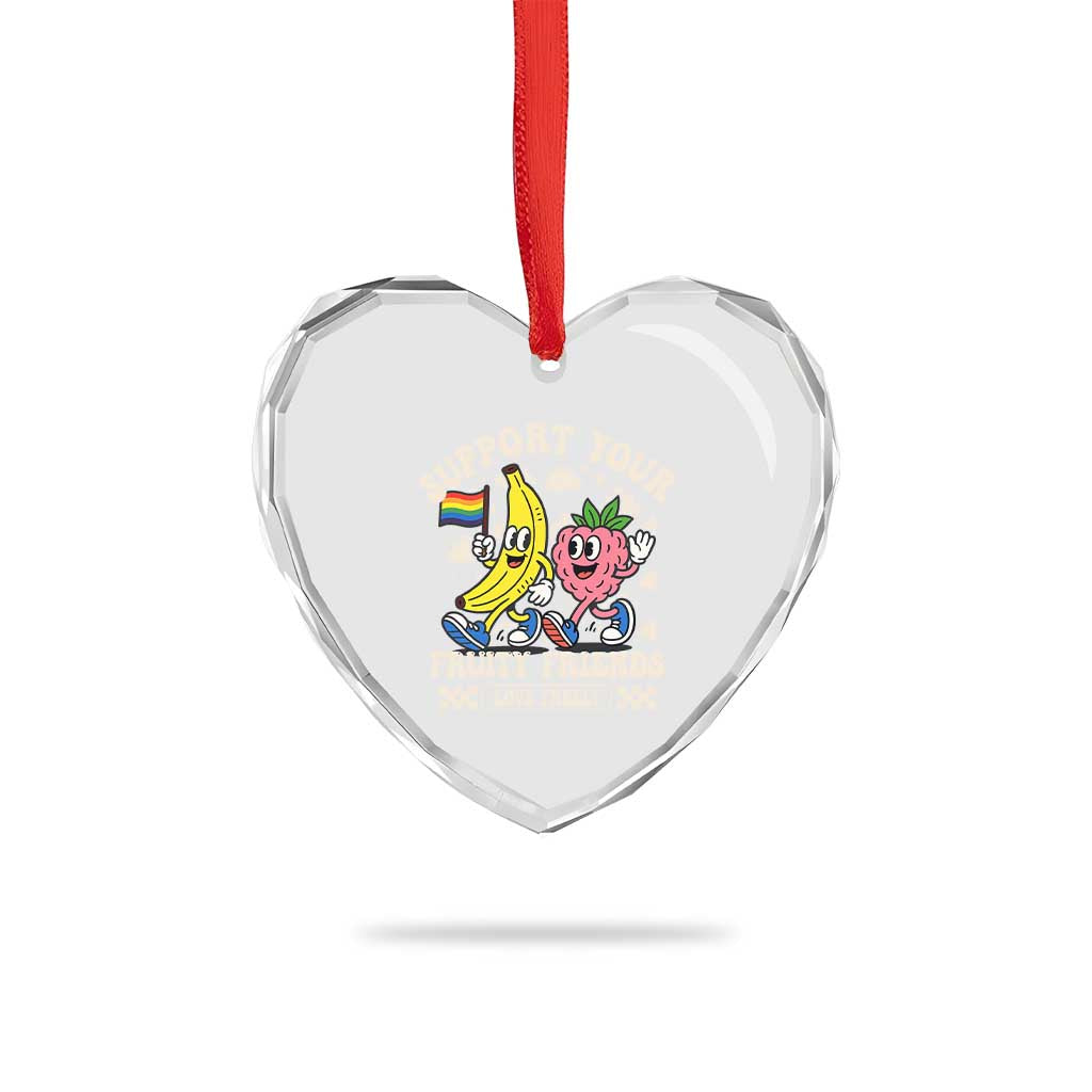 Support Your Fruity Friends Heart Crystal Glass Ornament Retro Cute Banana and Berry LGBT Pride Support - Wonder Print Shop