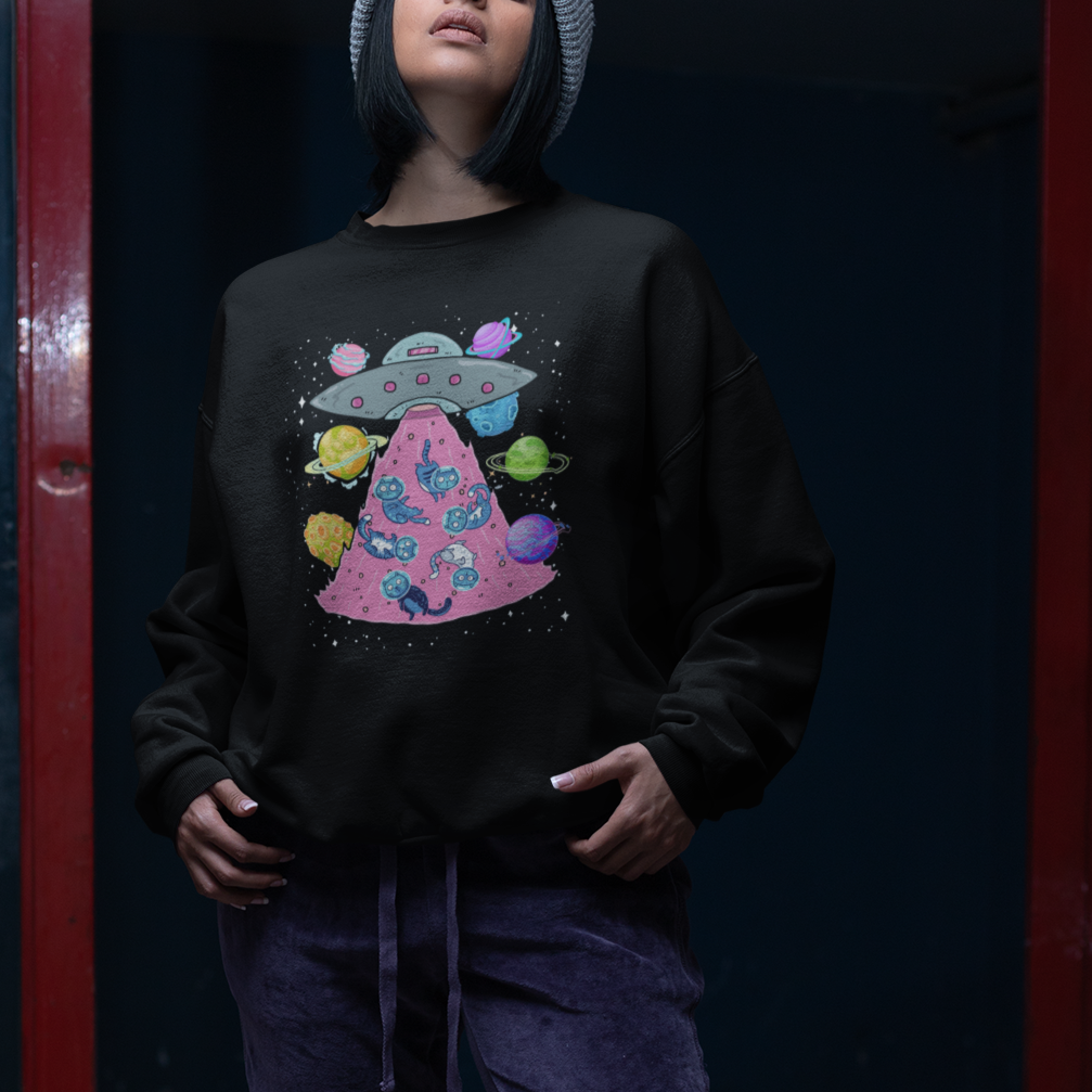 Cat Lover Sweatshirt UFO Catches Cat Into Space - Wonder Print Shop