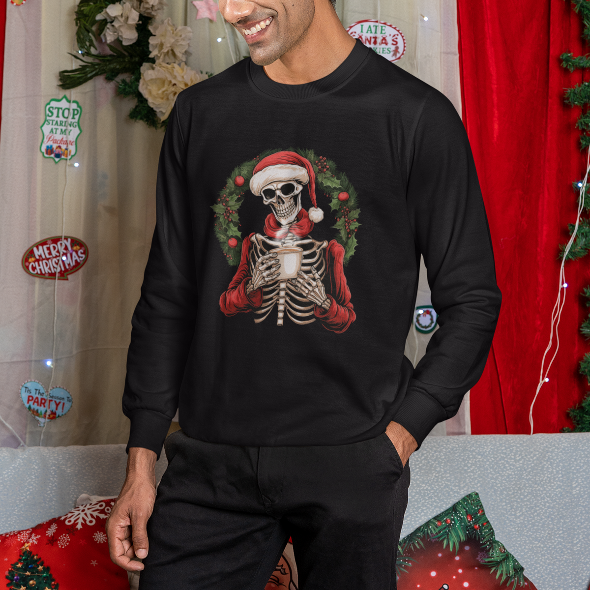 Skeleton Christmas Sweatshirt Dead Inside But Caffeinated Coffee Lover Xmas Vibe - Wonder Print Shop
