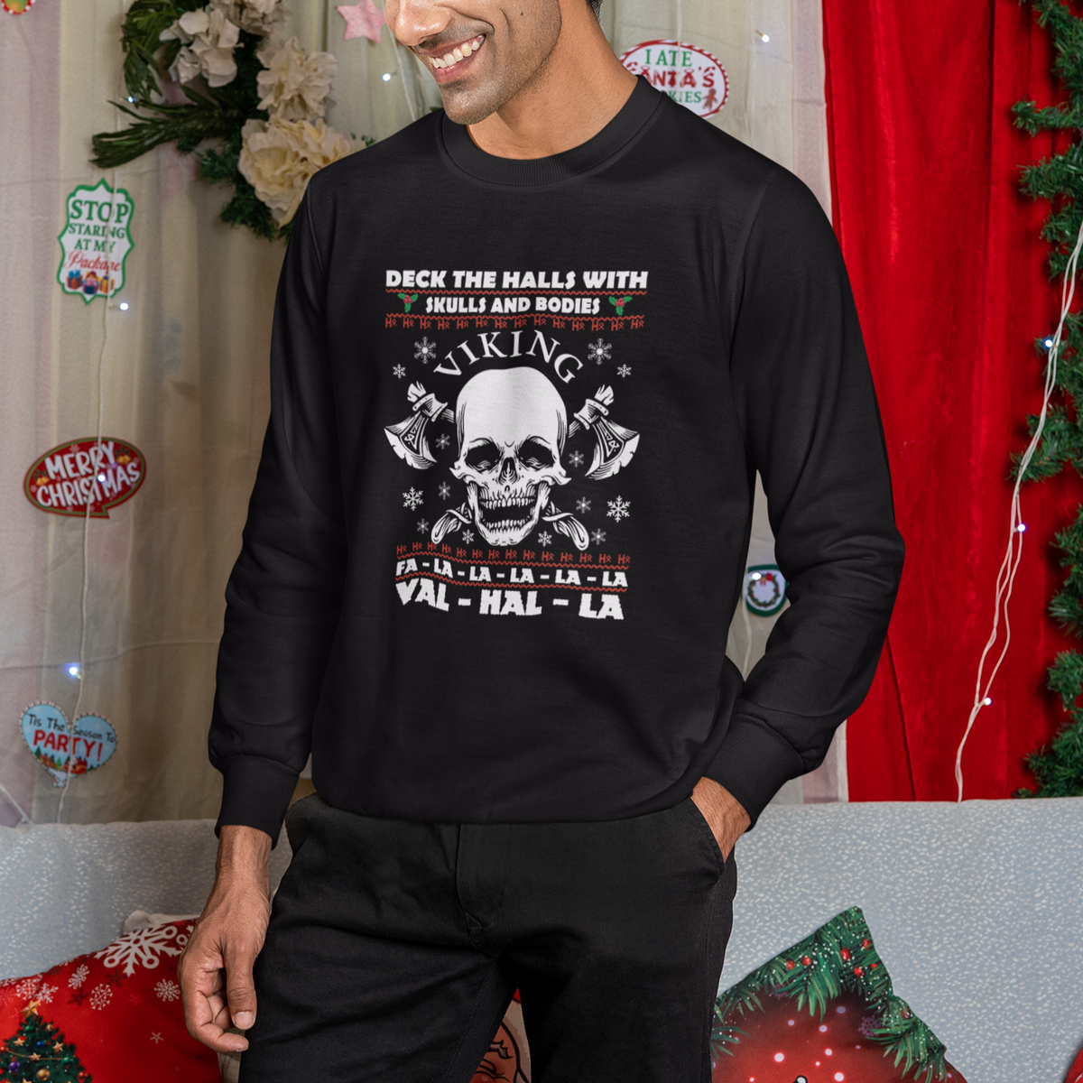 Christmas Sweatshirt Viking Valhalla Deck The Halls With Skulls And Bodies - Wonder Print Shop