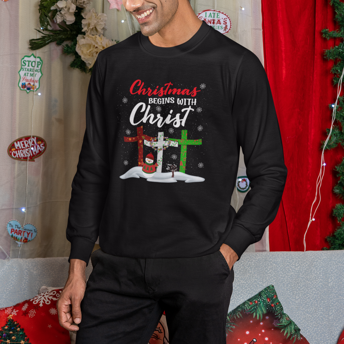 Christmas Begins With Christ Snowman Christian Cross Sweatshirt - Wonder Print Shop
