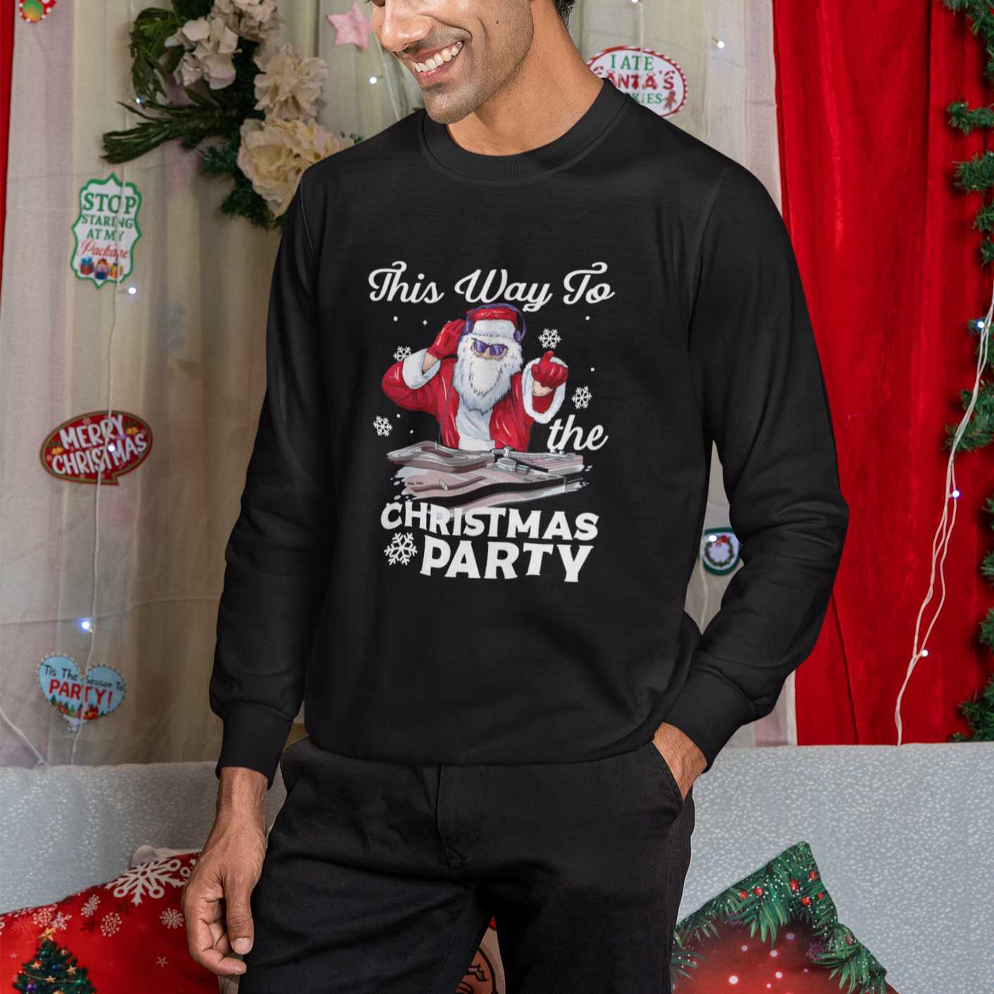 This Way to The Christmas Party Cool Santa DJ Sweatshirt - Wonder Print Shop