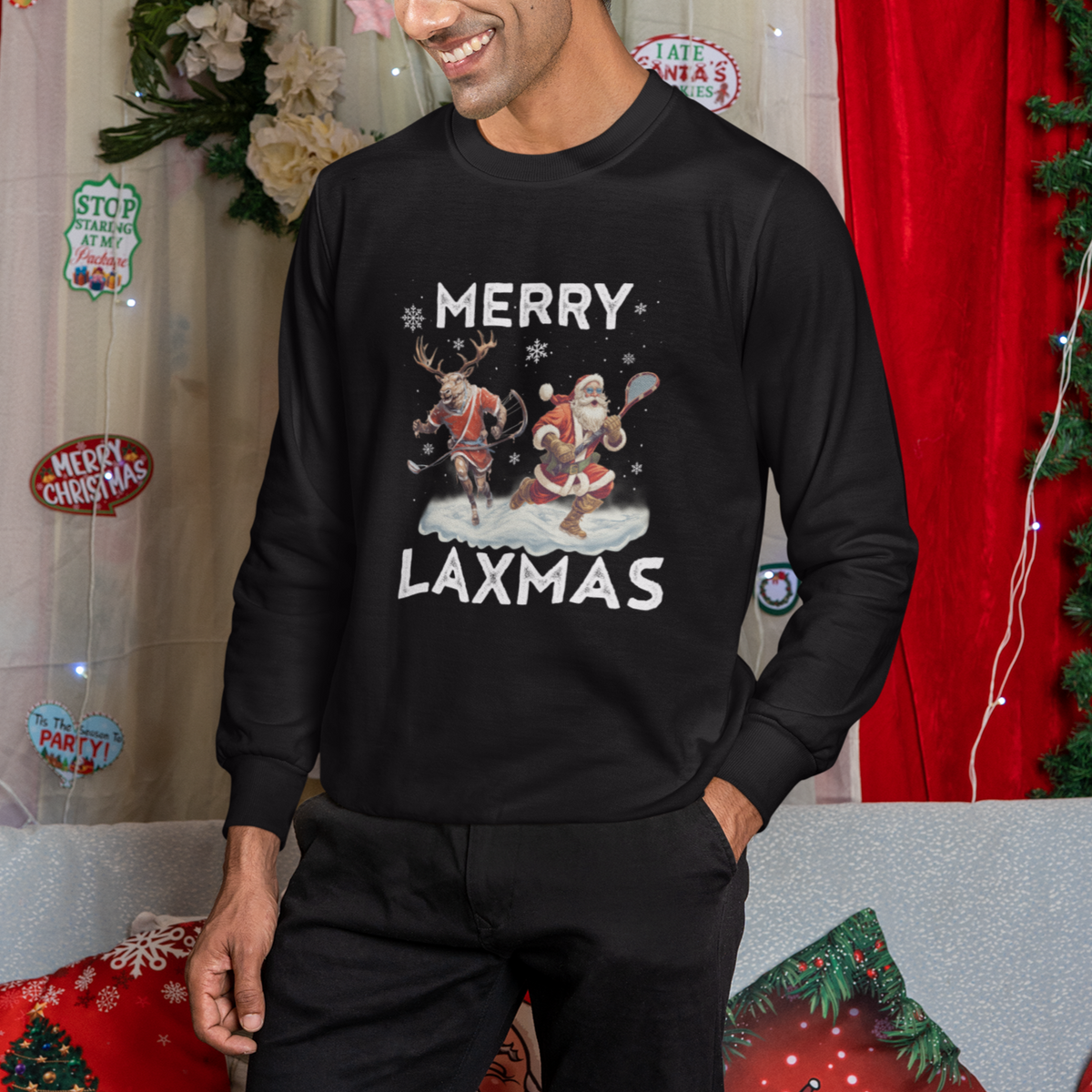 Christmas Sport Sweatshirt Merry LAXMAS Santa Reindeer Play Lacrosse - Wonder Print Shop