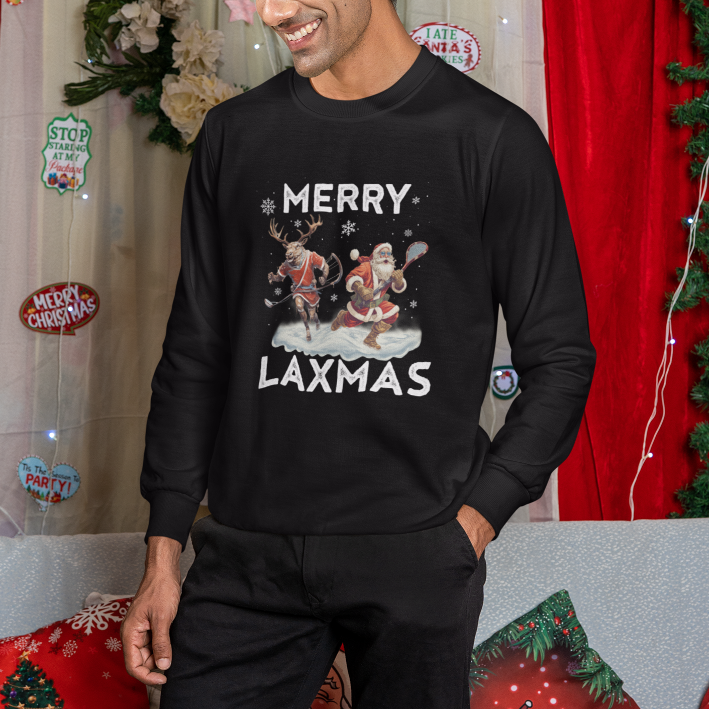 Christmas Sport Sweatshirt Merry LAXMAS Santa Reindeer Play Lacrosse - Wonder Print Shop