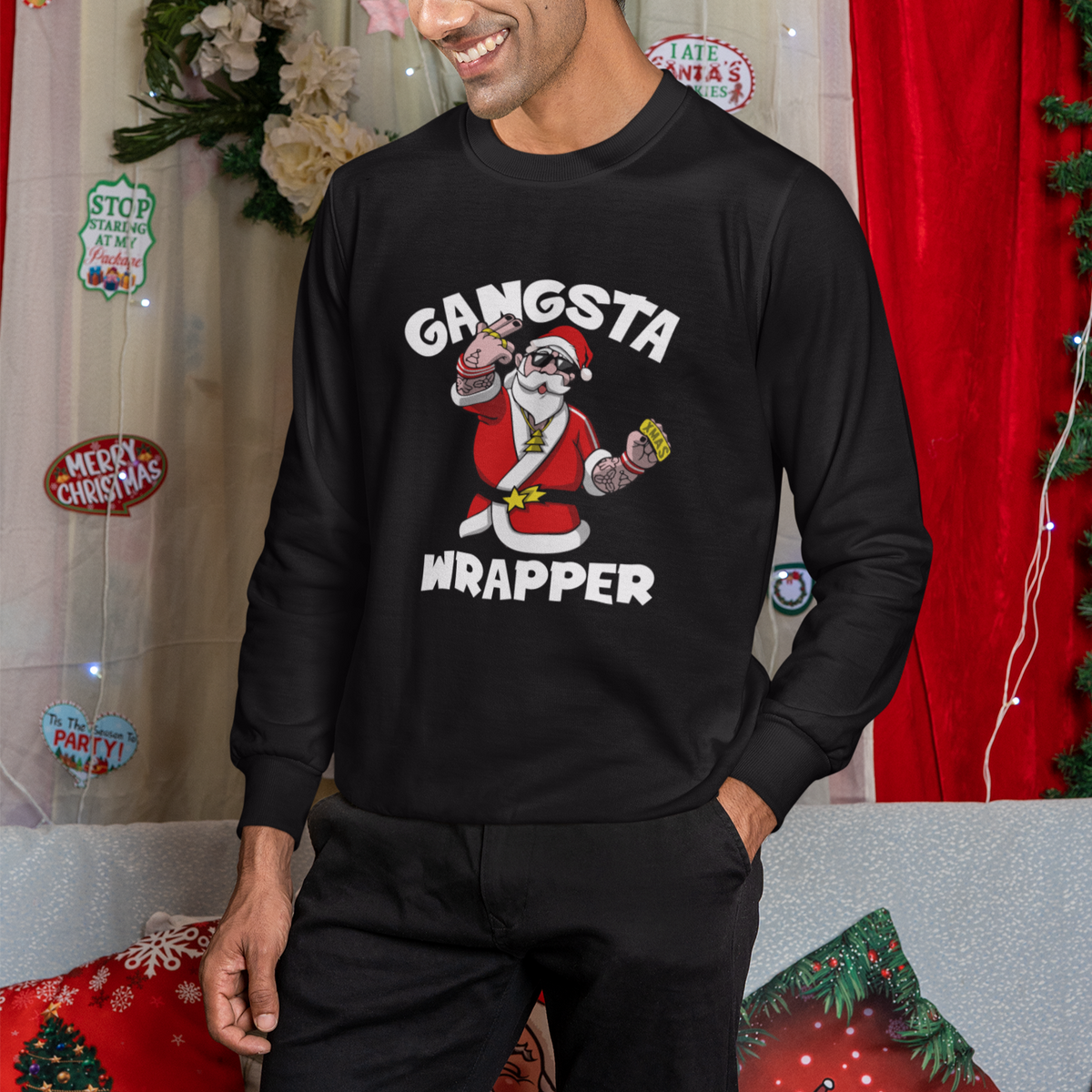 Christmas Sweatshirt Gangsta Wrapper Funny Santa Hip Hop - Wonder Print Shop