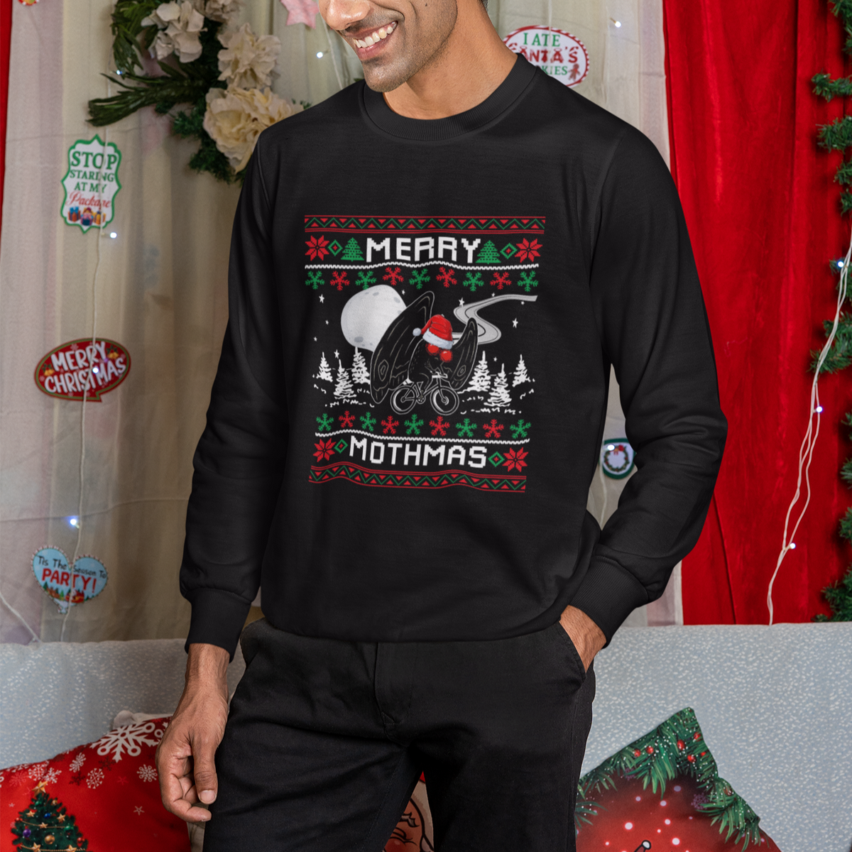Christmas Sweatshirt Merry Mothmas Santa Mothman Xmas Night - Wonder Print Shop