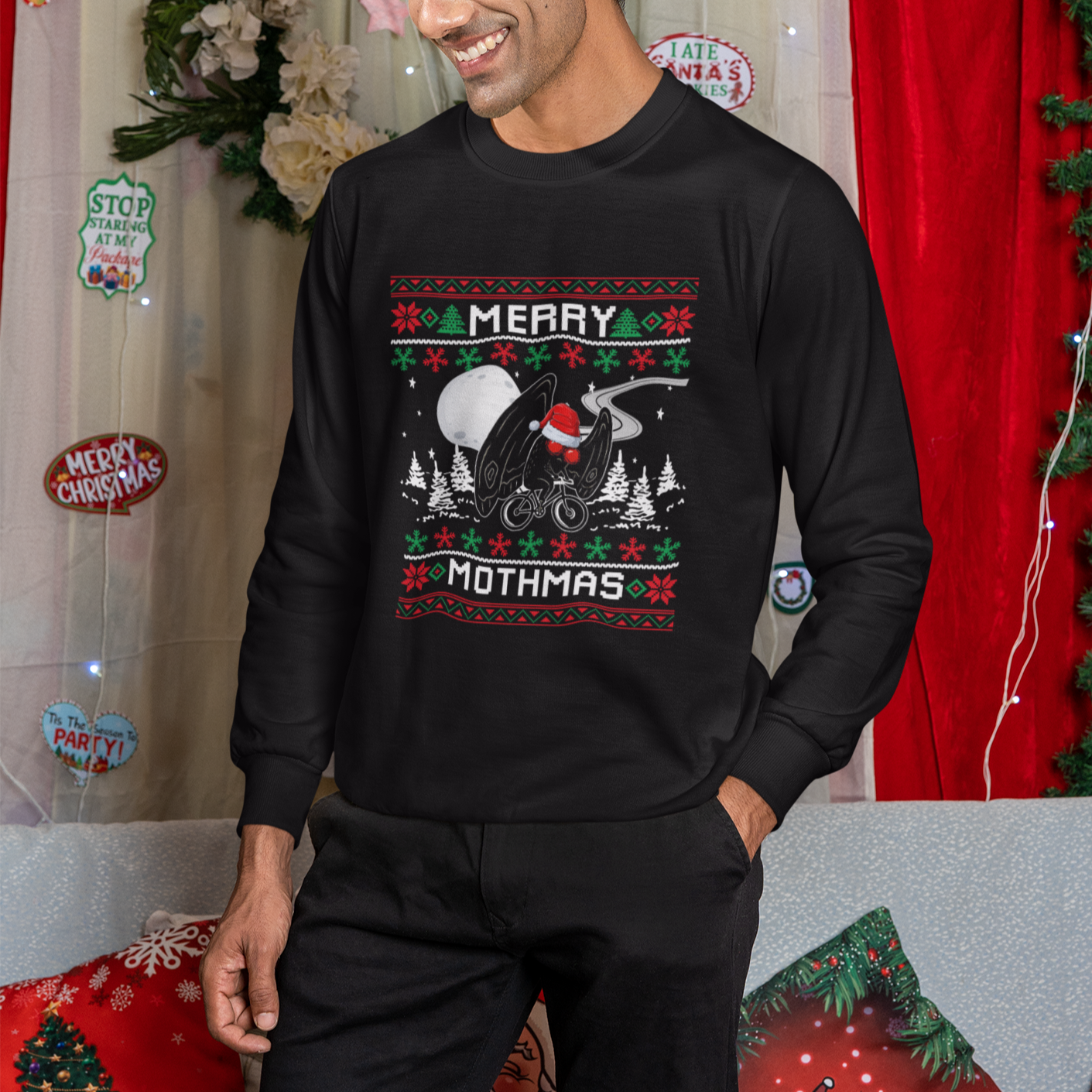 Christmas Sweatshirt Merry Mothmas Santa Mothman Xmas Night - Wonder Print Shop