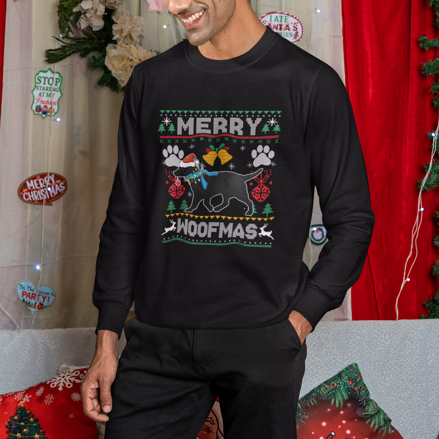 Christmas Sweatshirt Merry Woofmas Black Lab Dog Lover - Wonder Print Shop
