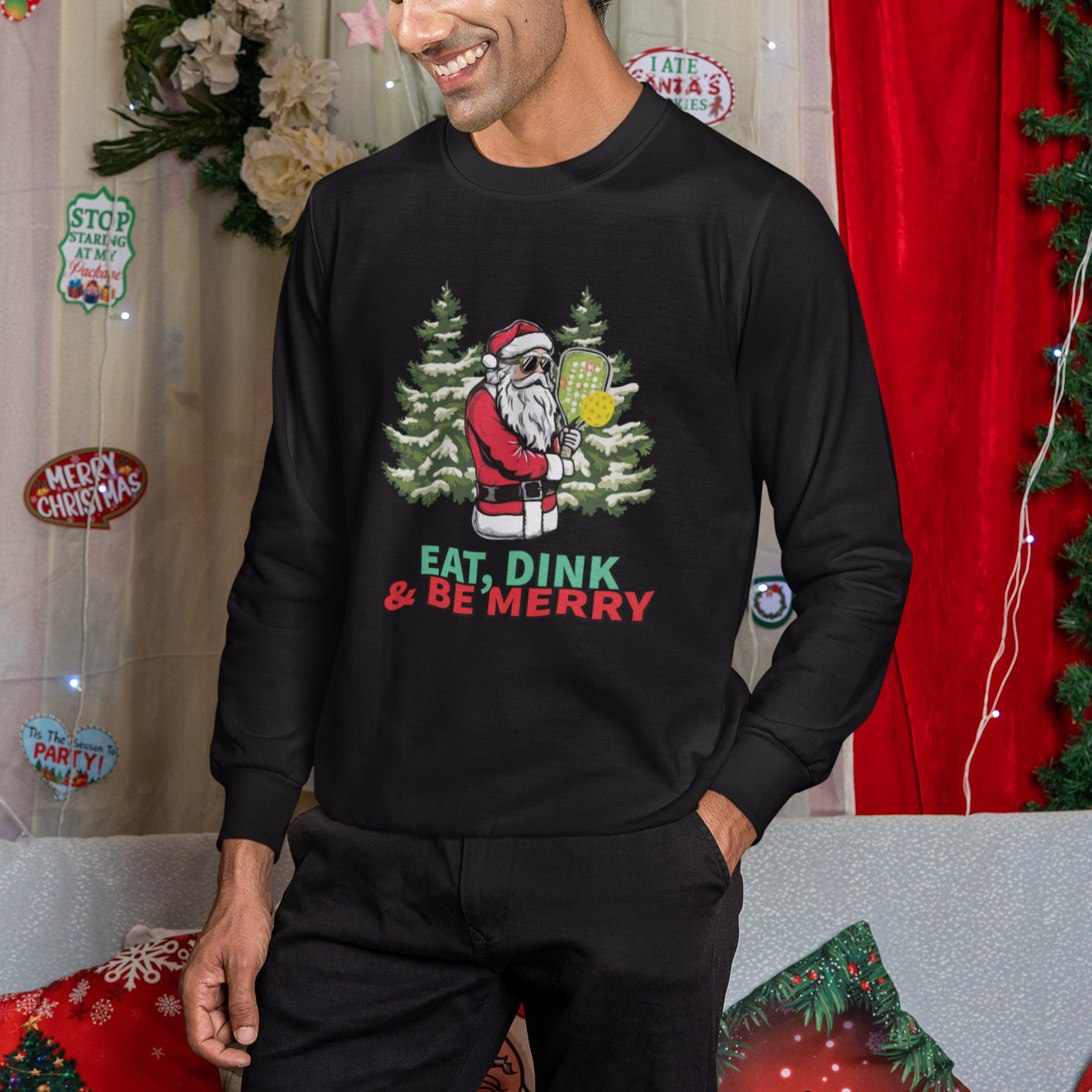 Christmas Sport Sweatshirt Eat Dink Be Merry Santa Claus Pickleball - Wonder Print Shop