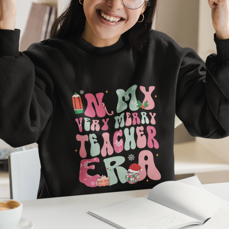 In My Very Merry Teacher Era Xmas Groovy Christmas Sweatshirt - Wonder Print Shop