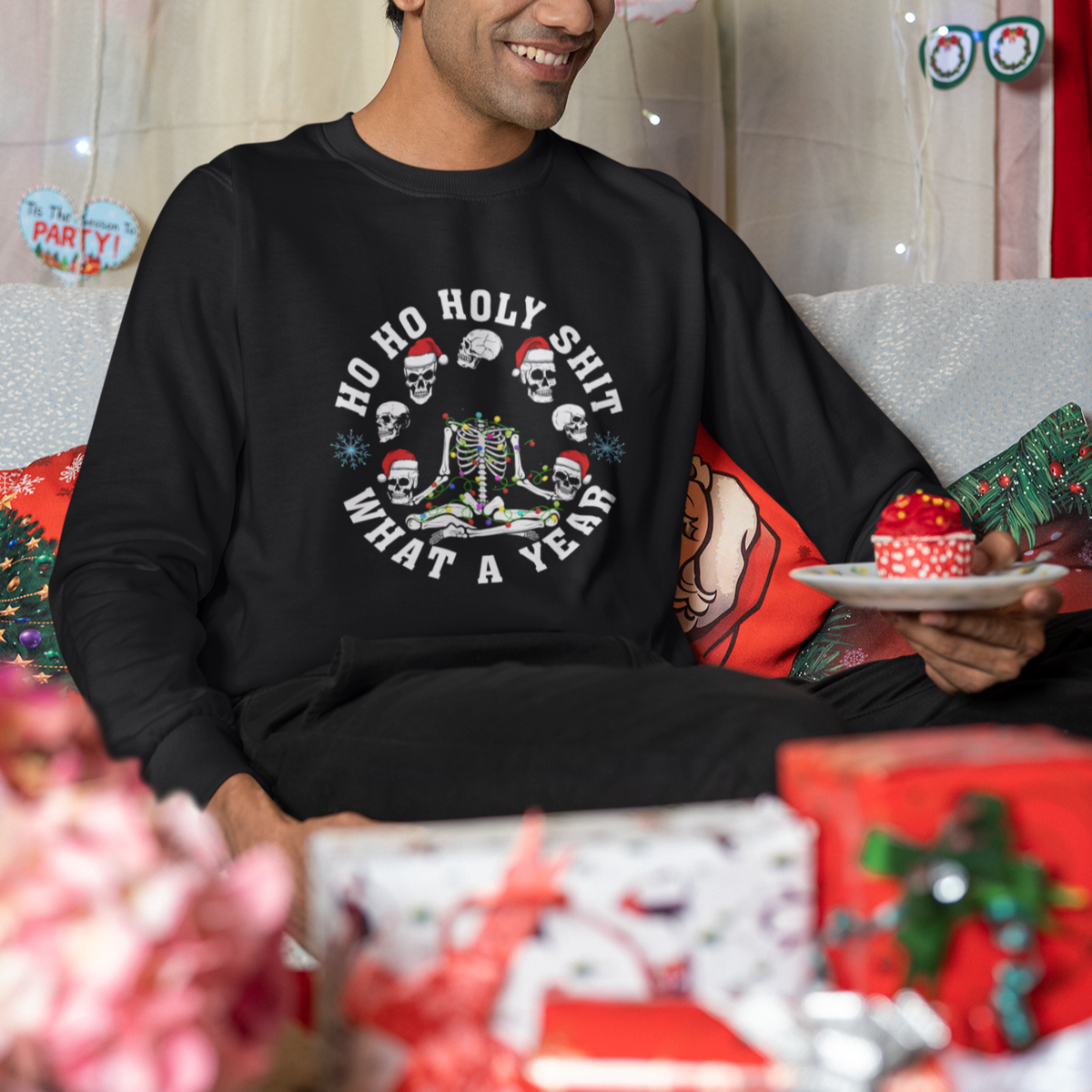 Christmas Sweatshirt Ho Ho Holy Shit What A Year Funny Skeleton Skull Xmas Hat - Wonder Print Shop