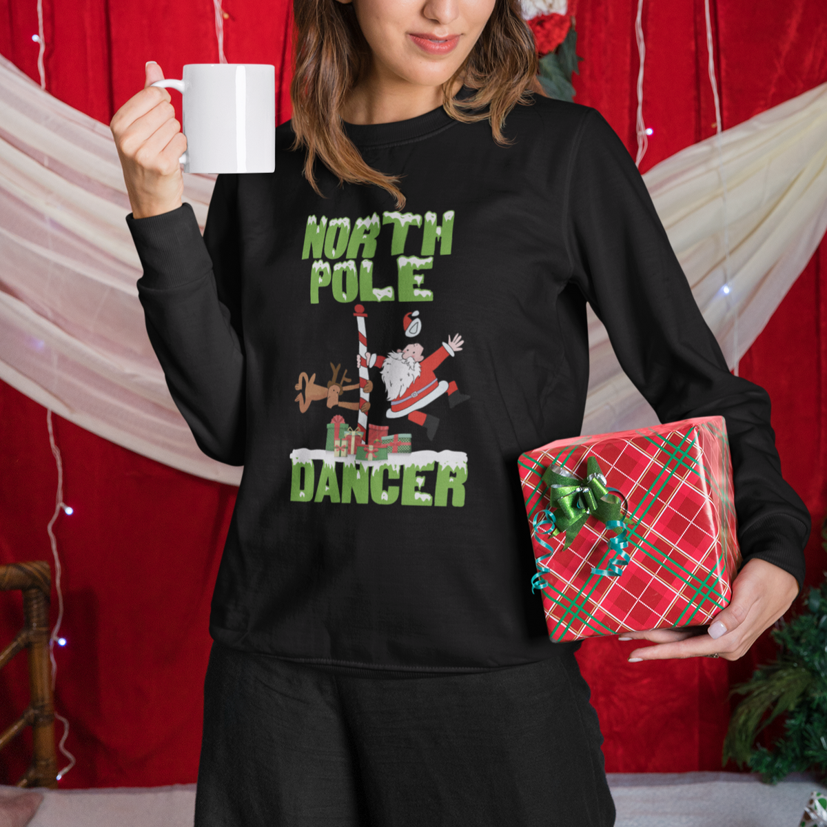 Chrsitmas Sweatshirt North Pole Dancer Reindeer Santa Ugly Xmas - Wonder Print Shop