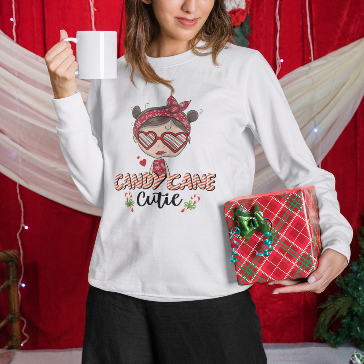 Candy Cane Cutie Christmas Cute Girl Kid Messy Bun Sweatshirt - Wonder Print Shop