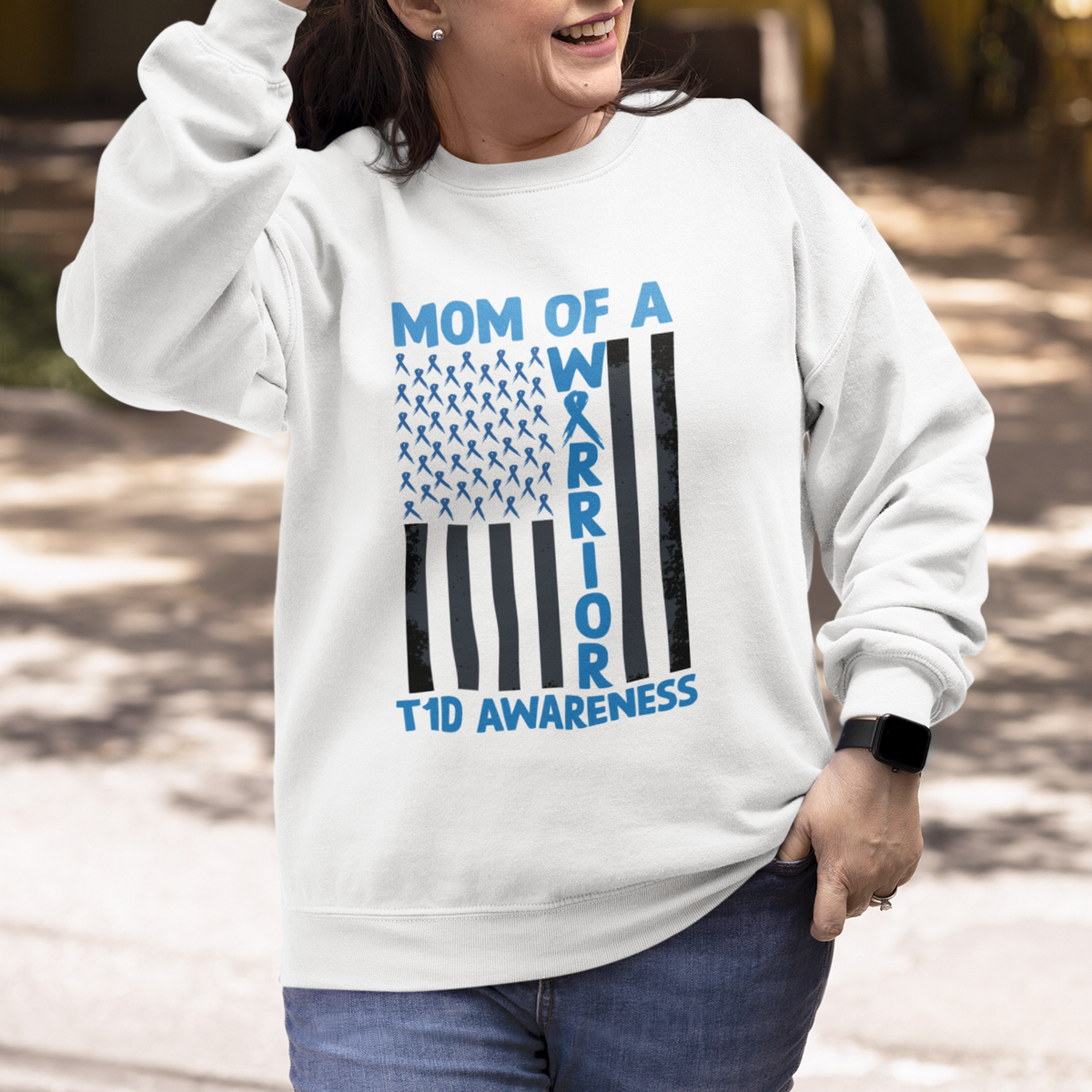 Blue American Flag Mom Of A Warrior T1D Awareness Sweatshirt - Wonder Print Shop