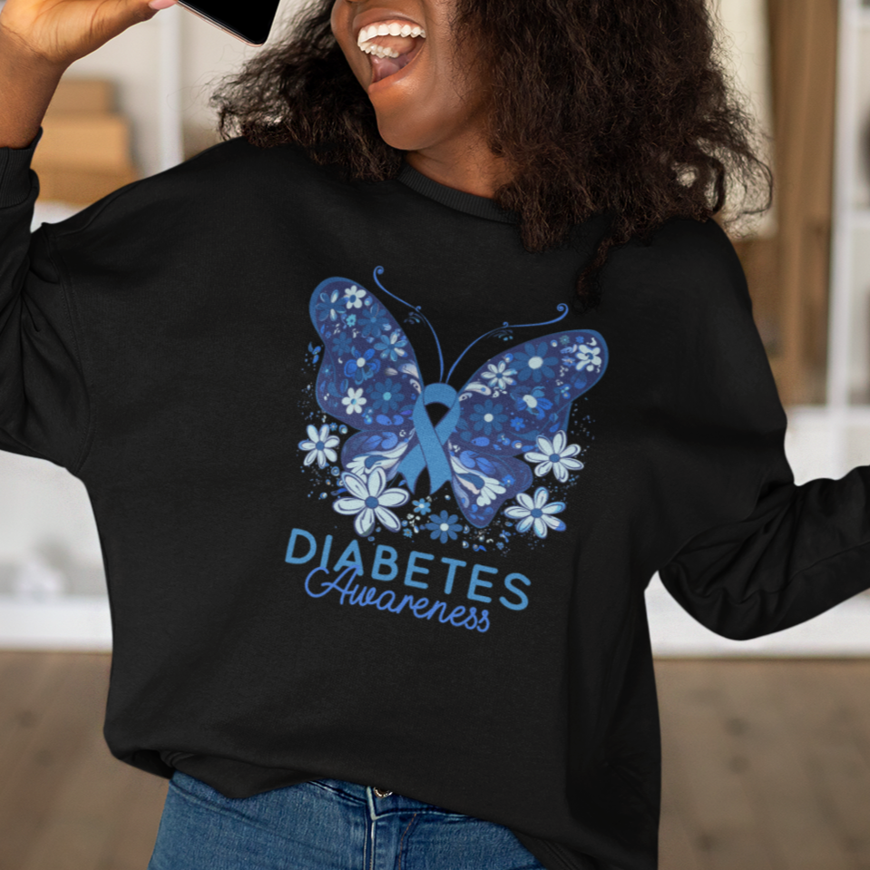 In November We Wear Blue Ribbon Butterfly Diabetes Awareness Sweatshirt - Wonder Print Shop