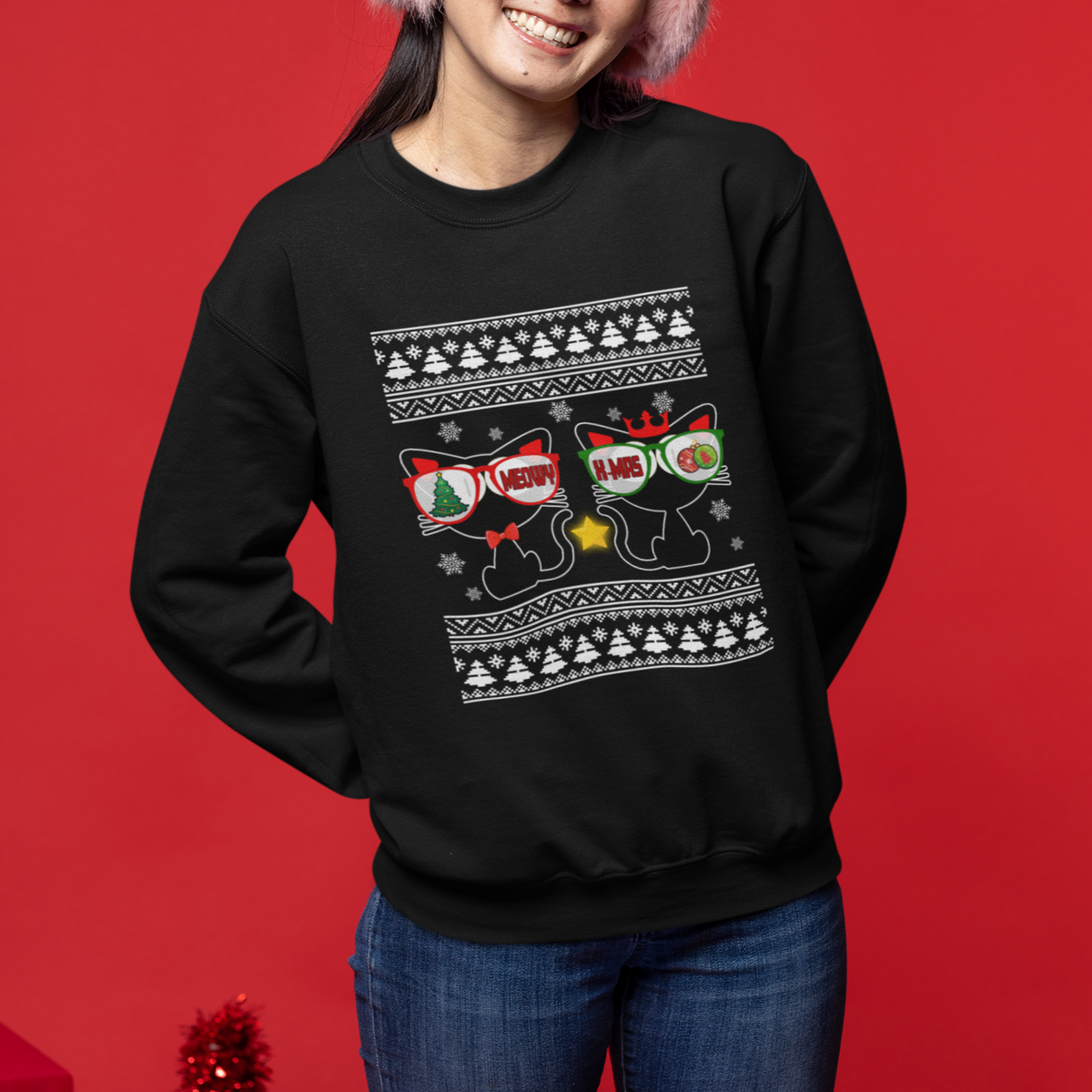 Meowy Xmas Funny Cat Couple With Sunglass Sweatshirt - Wonder Print Shop