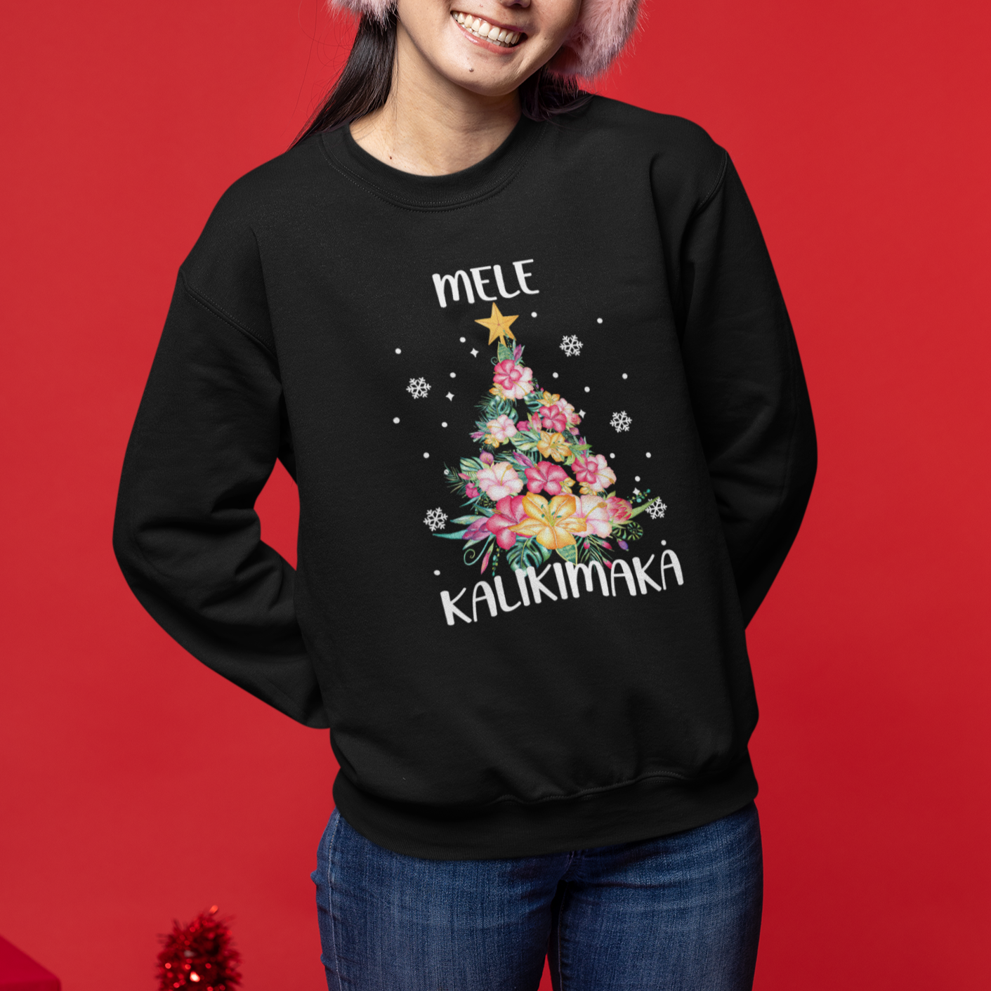 Mele Kalikimaka Hawaiian Christmas Tree Tropical Flower Sweatshirt - Wonder Print Shop