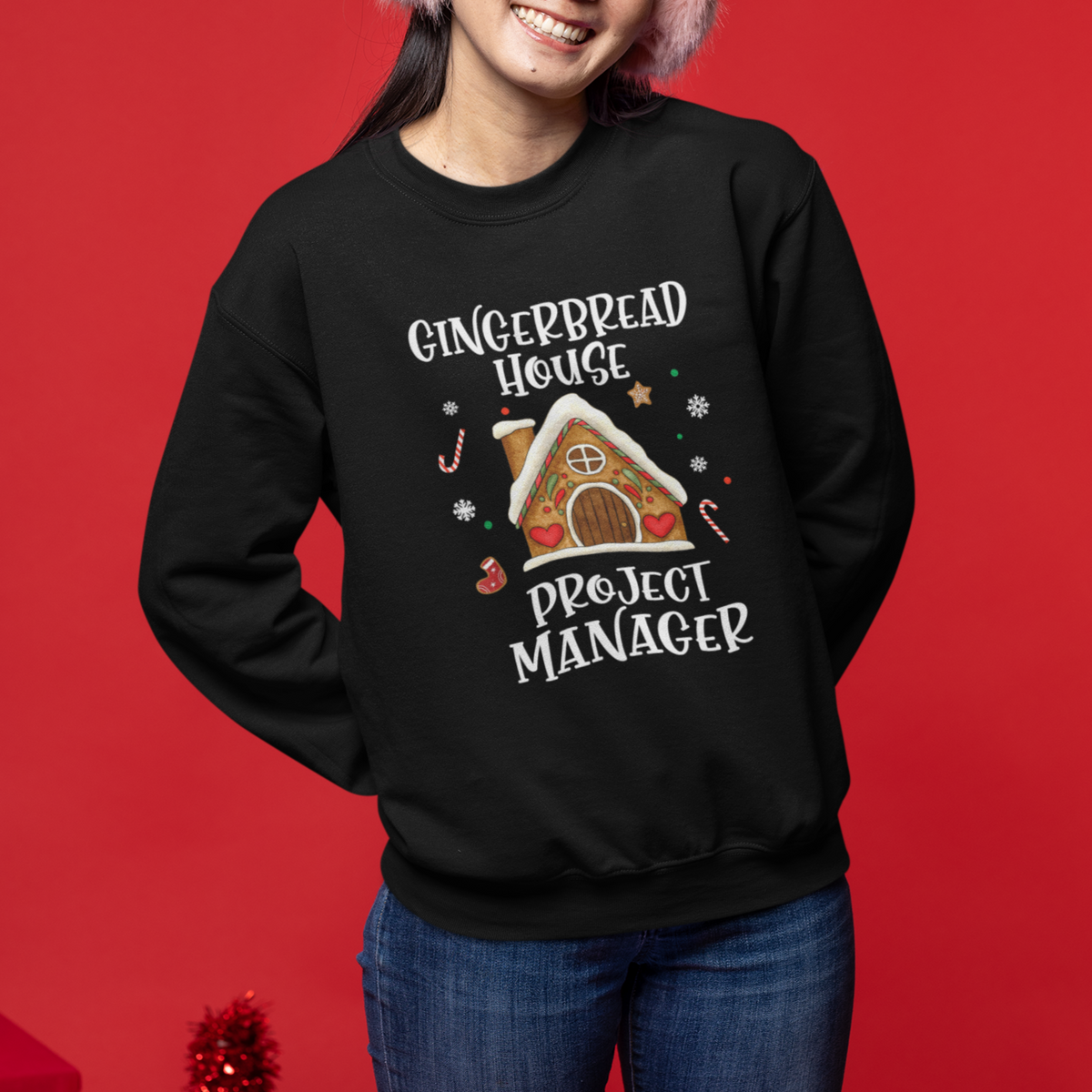 Christmas Sweatshirt Gingerbread House Project manager Decorating Baking - Wonder Print Shop