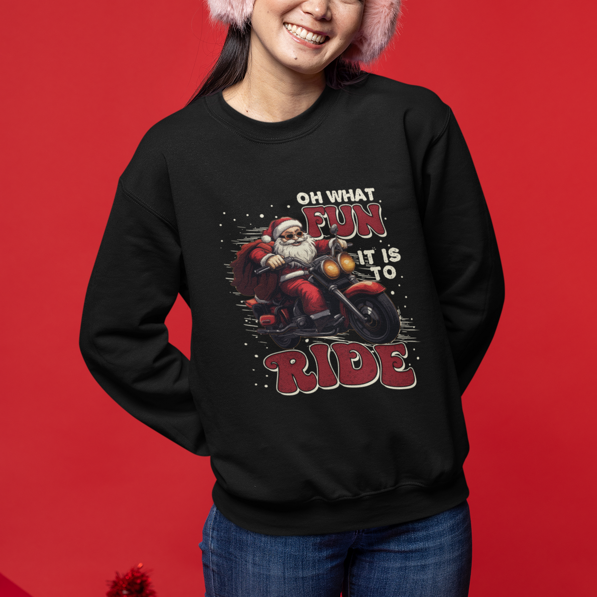 Santa Claus Biker Sweatshirt Oh What Fun It Is To Ride Motorcycle Christmas - Wonder Print Shop