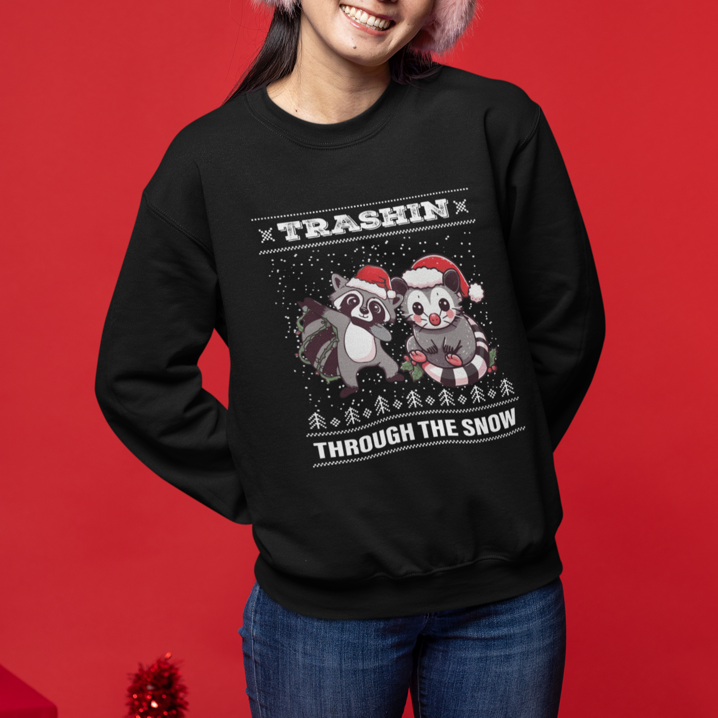 Christmas Sweatshirt Trashin Through The Snow Garbage Gang Opossum Raccoon Santa Hat - Wonder Print Shop