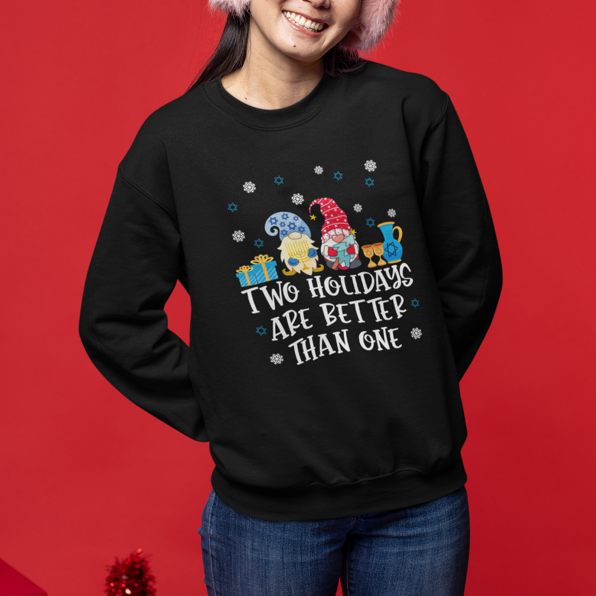 Christmas Hanukkah Two Holidays Are Better Than One Jewish Gnome Sweatshirt - Wonder Print Shop