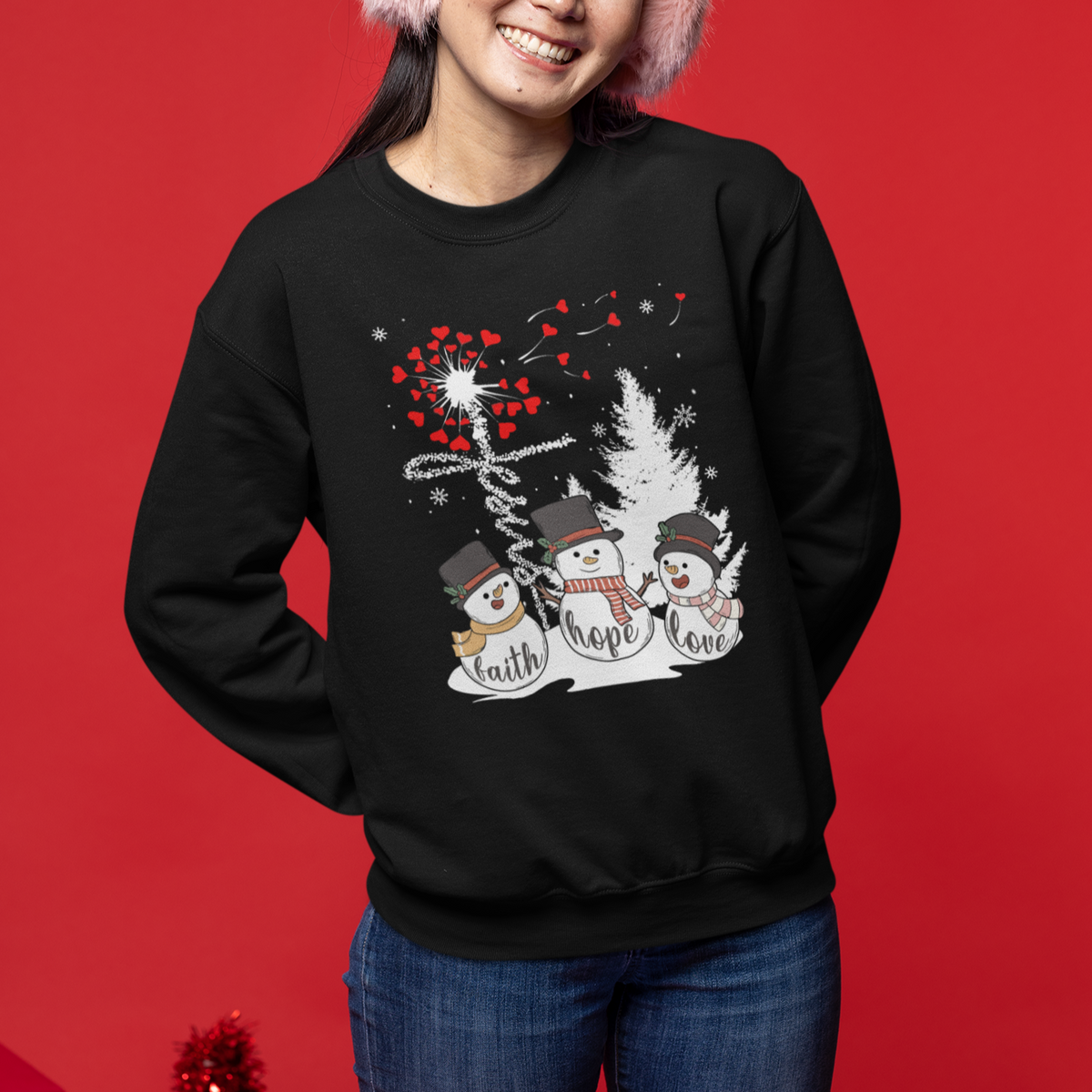 Christmas Sweatshirt Faith Hope Love Snowman Dandelion Jesus - Wonder Print Shop