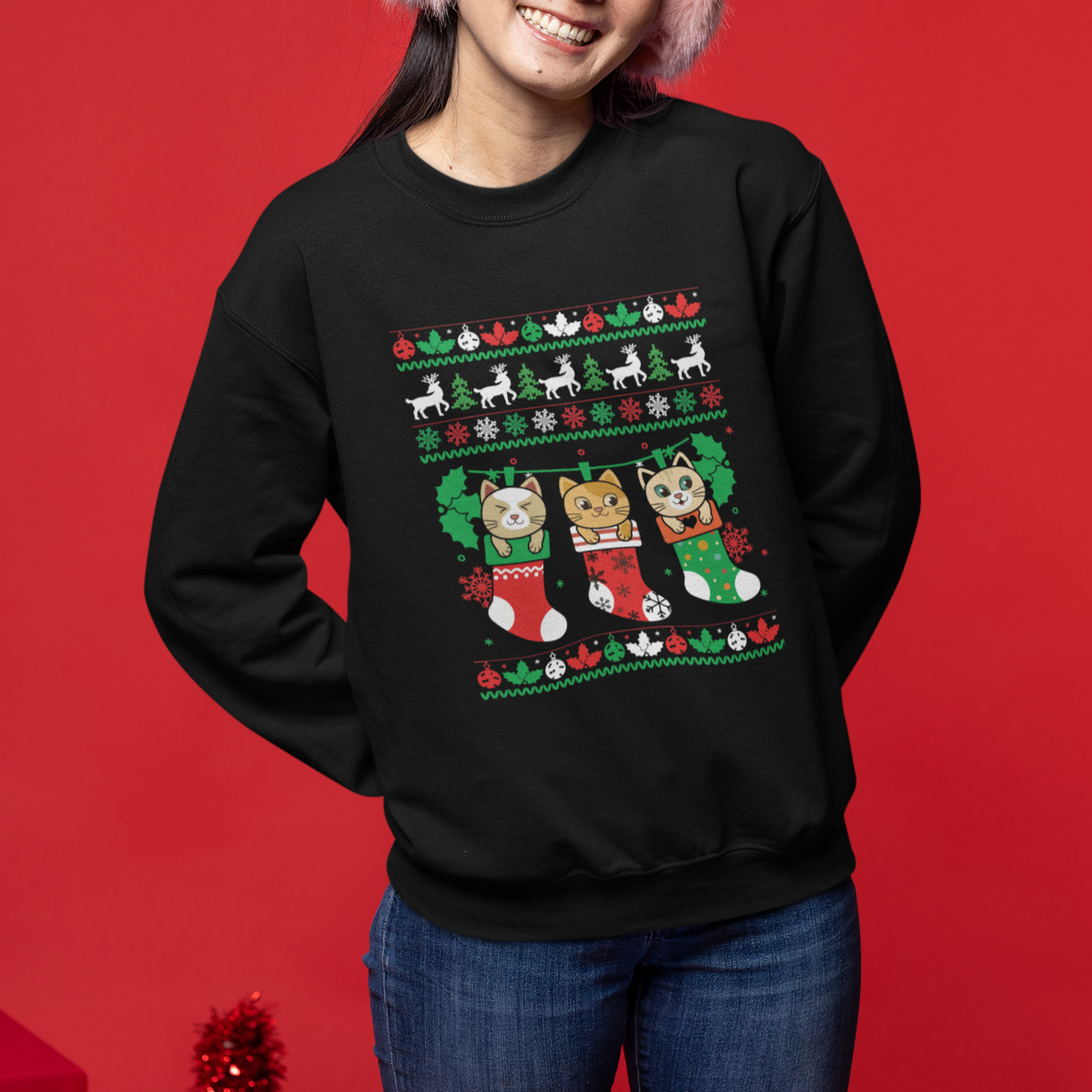 Christmas Sweatshirt Cute Cat In Sock Merry Catmas - Wonder Print Shop
