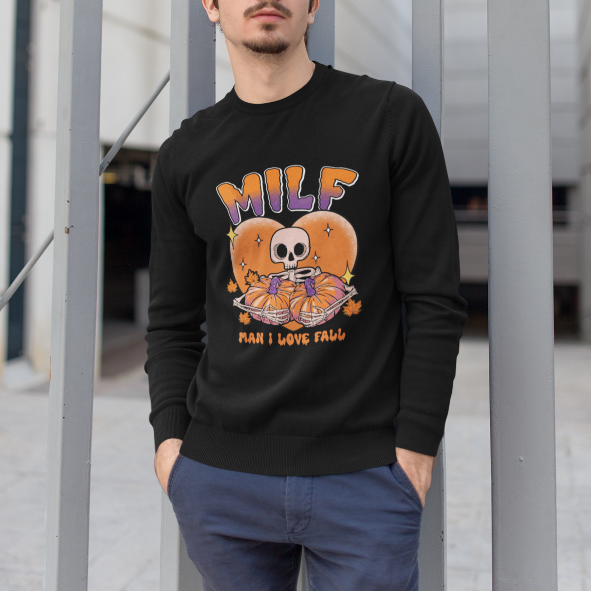 Fall Vibes Sweatshirt MILF Man I Love Fall Funny Spooky Skeleton Pumpkin Halloween - Wonder Print Shop