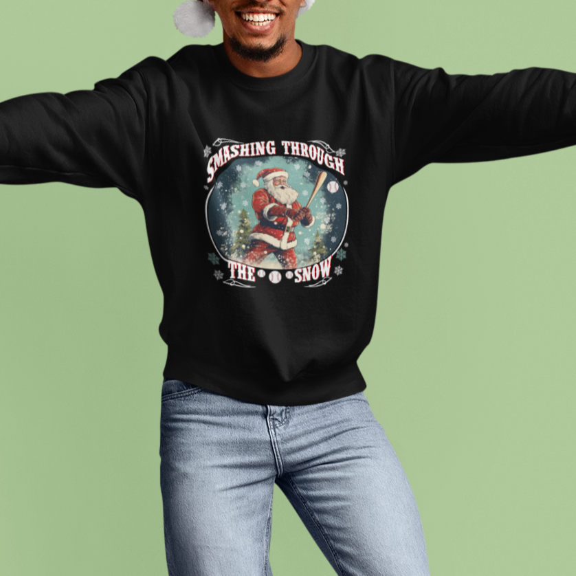 Christmas Sport Sweatshirt Baseball Player Santa Smashing Through The Snow - Wonder Print Shop
