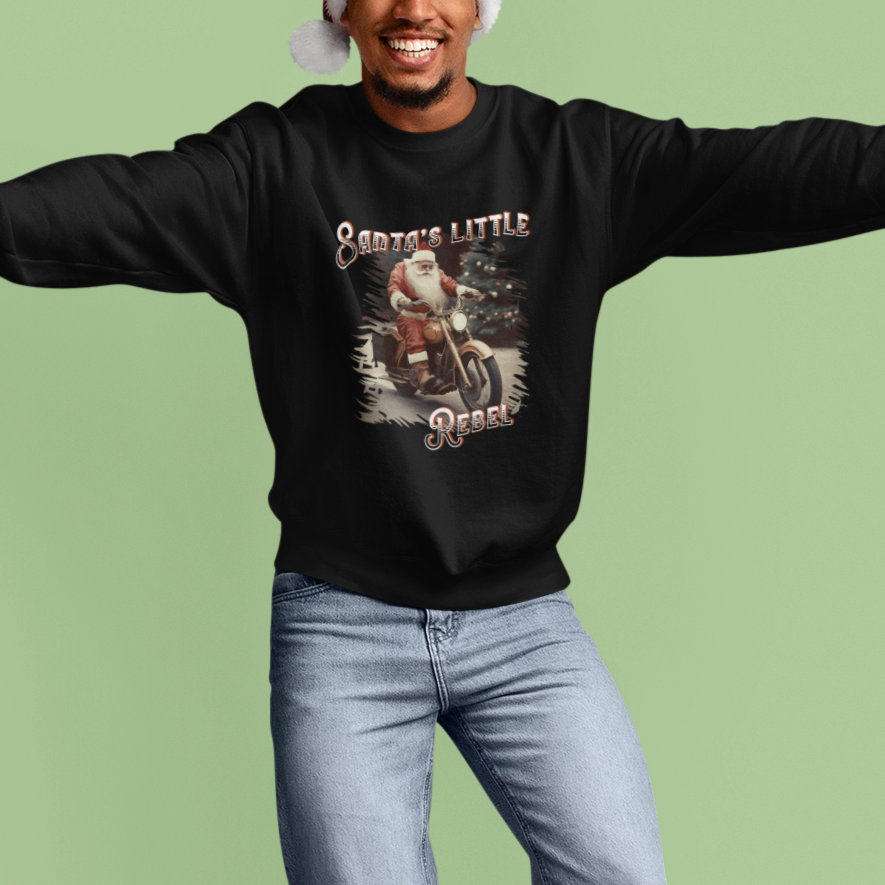 Christmas Sweatshirt Santa's Little Rebel Rinding Motorcycle Vintage Xmas - Wonder Print Shop