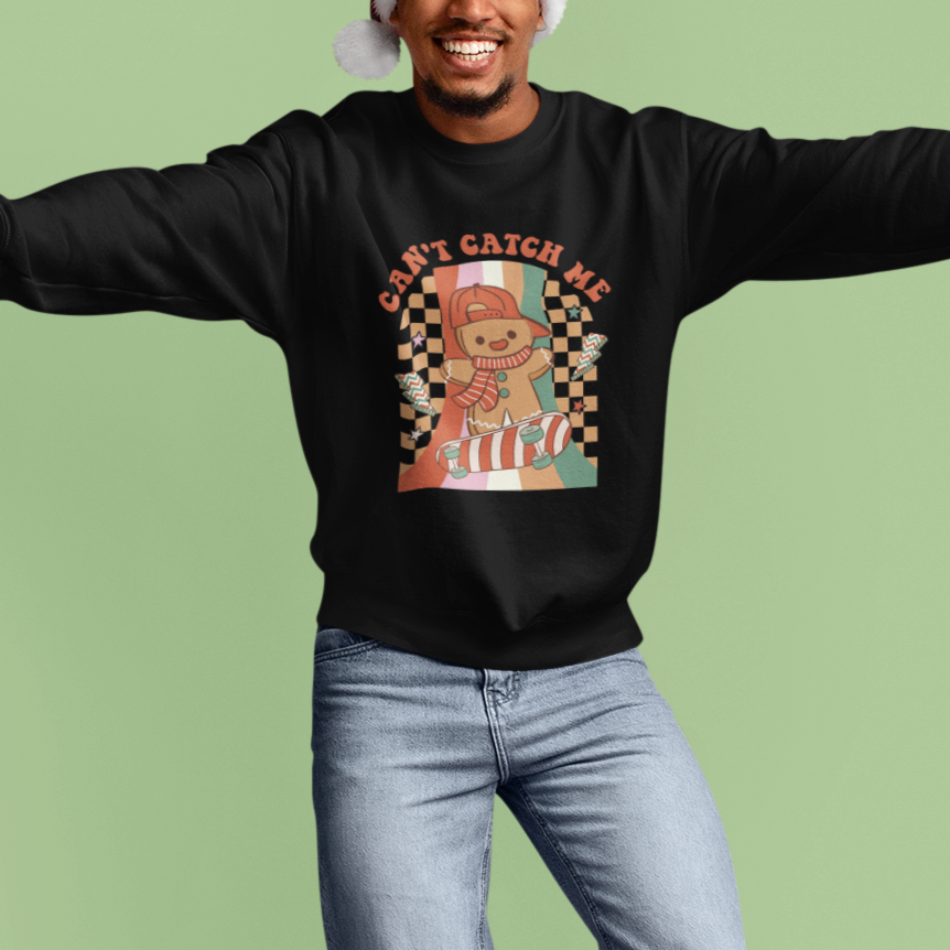 Christmas Sweatshirt Skateboarding Gingerbread Boy Can't Catch Me - Wonder Print Shop