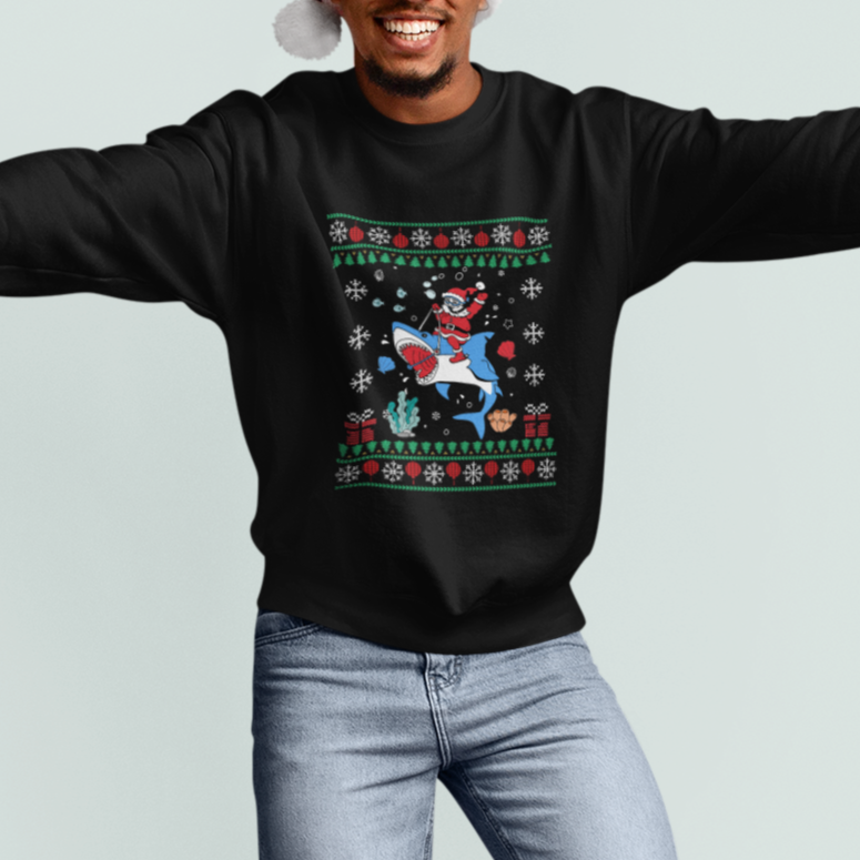 Christmas Sweatshirt Santa Riding Shark Diver Ocean Xmas Holiday - Wonder Print Shop